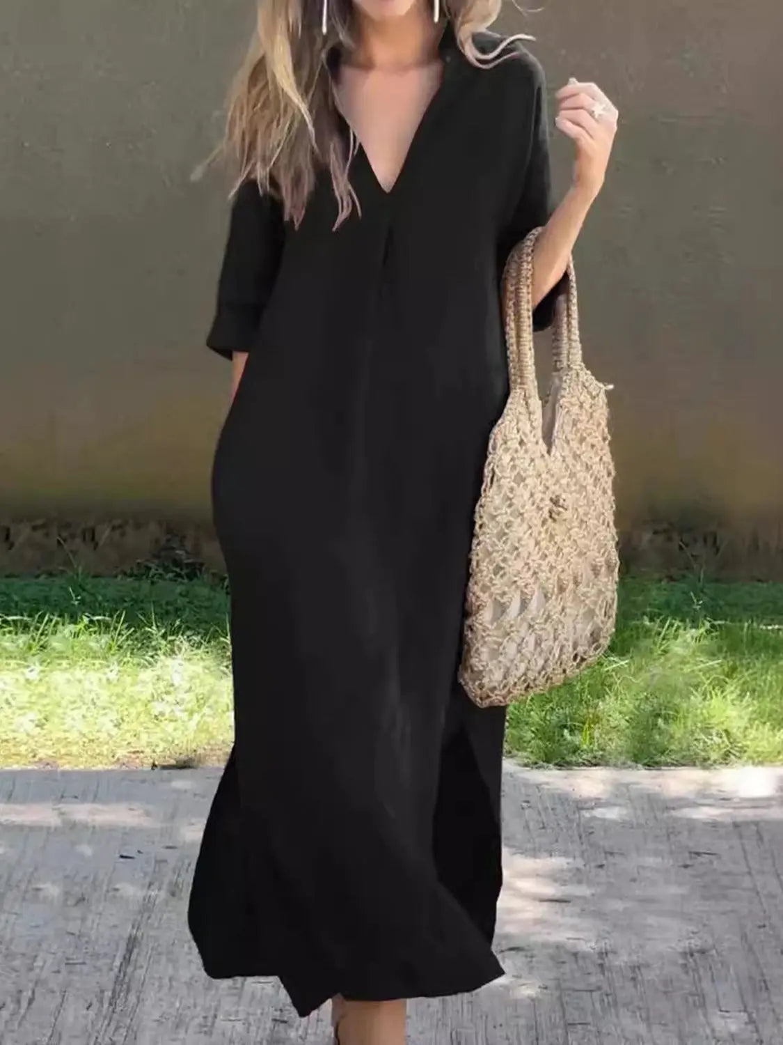 Full Size Notched Half Sleeve Midi Dress - Be Bliss Boutique