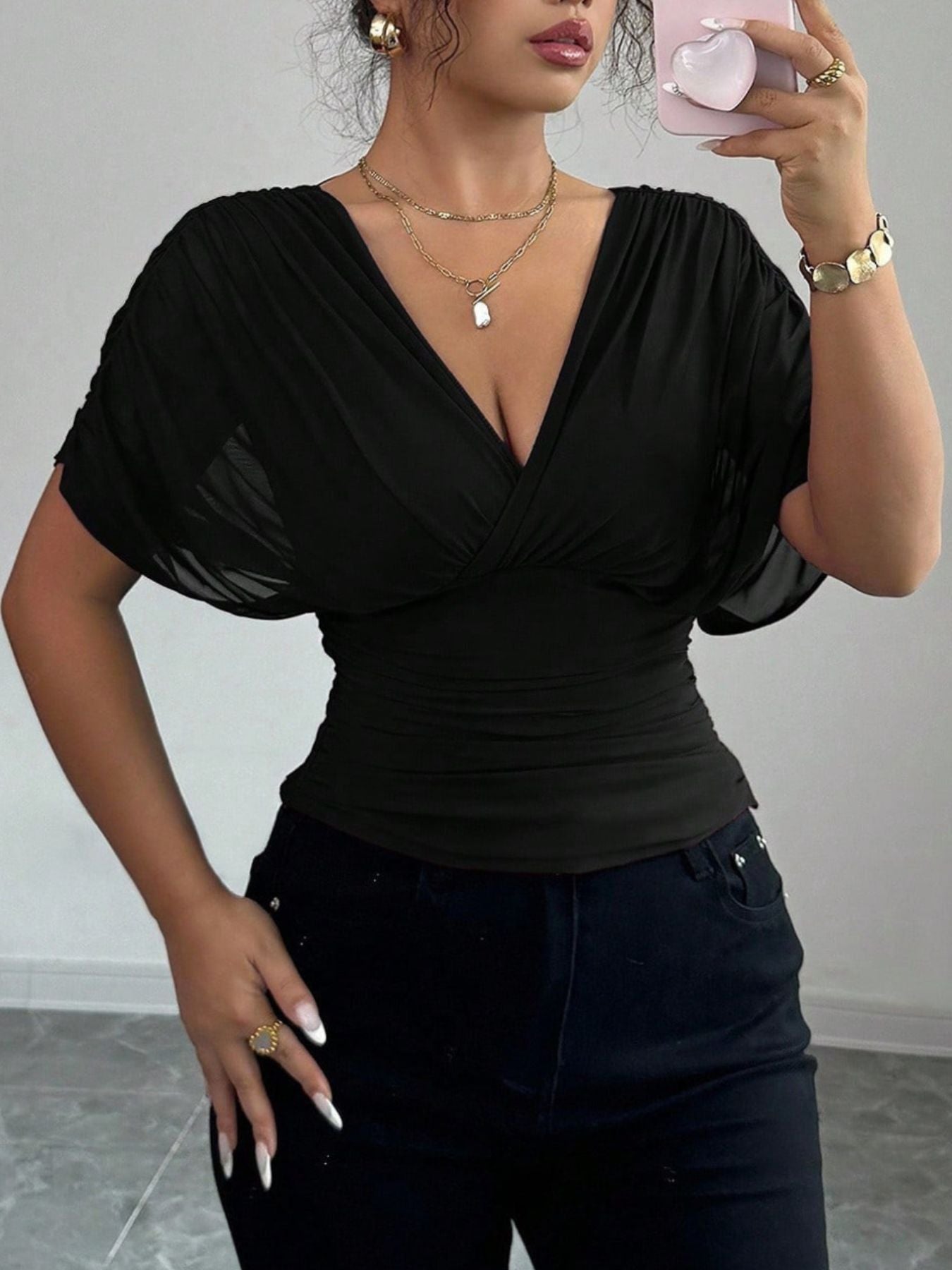 Ruched Surplice Short Sleeve Top - Be Bliss Boutique