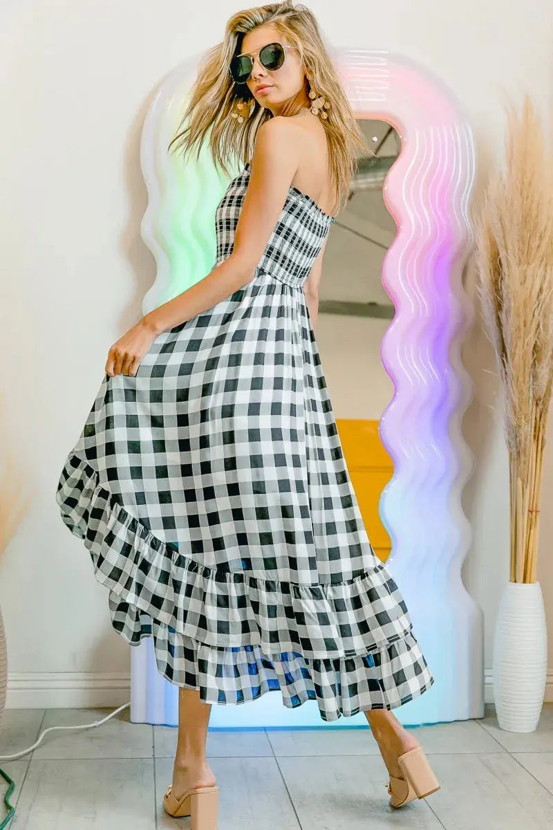 BiBi Smocked Body Off Shoulder Check Dress (Black) - Be Bliss Boutique