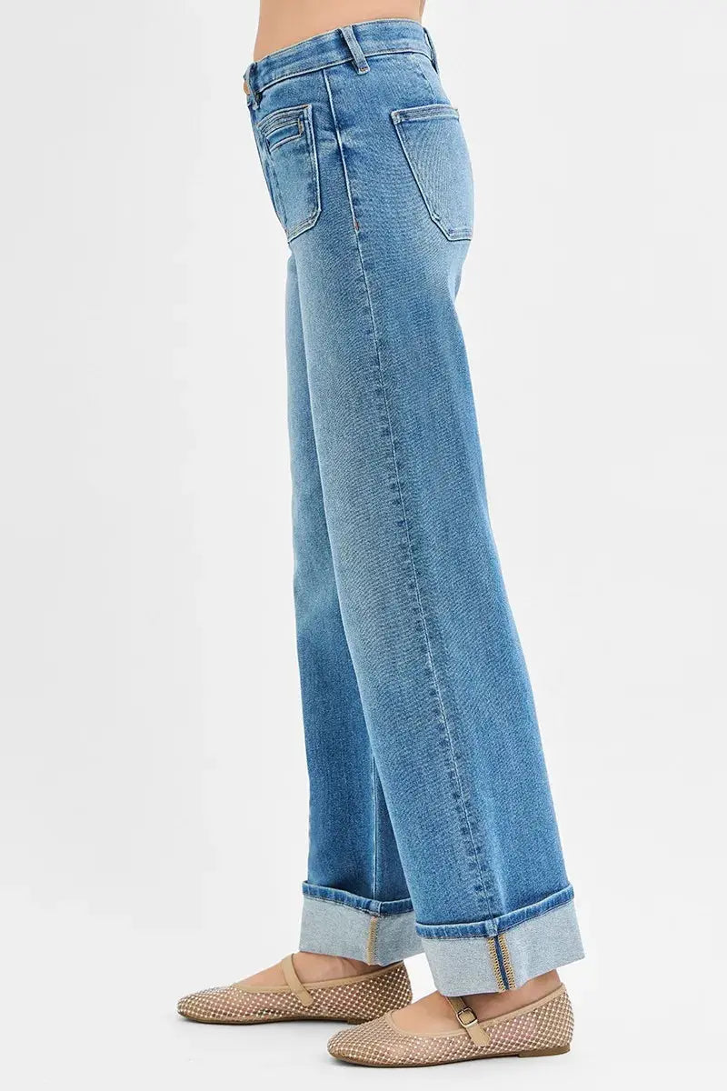 Full Size Elastic Band Mid Rise Wide Front Patch Pocket Cuff RISEN Jeans - Be Bliss Boutique
