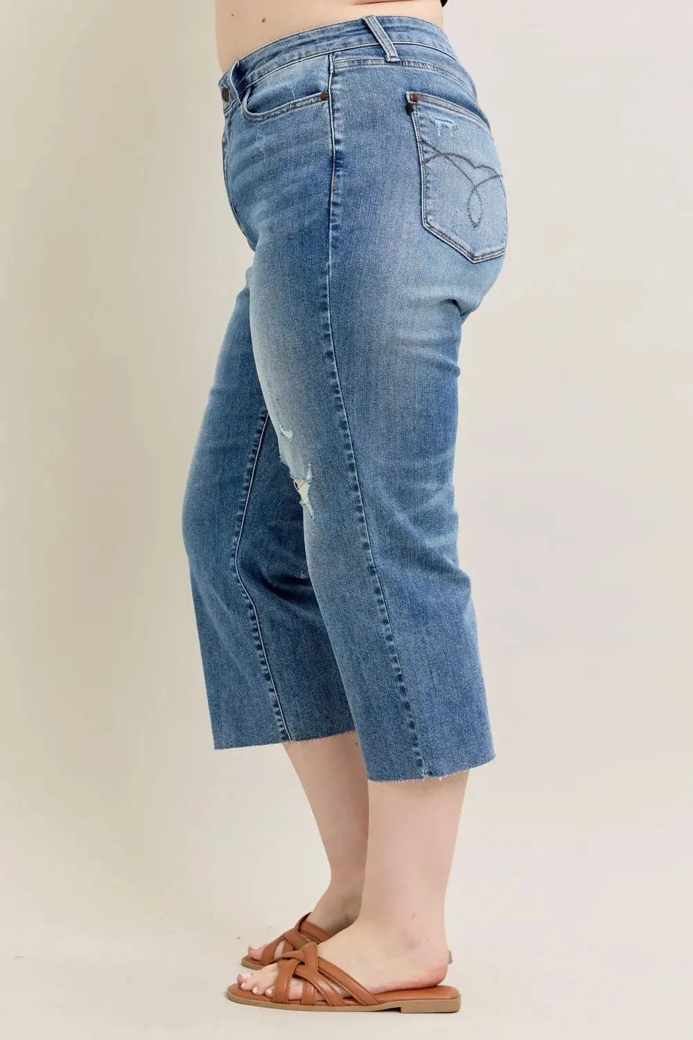 Plus Size High Waist Back Destroy & Raw Cut Hem Crop Wide Leg Judy Blue Jeans - Be Bliss Boutique