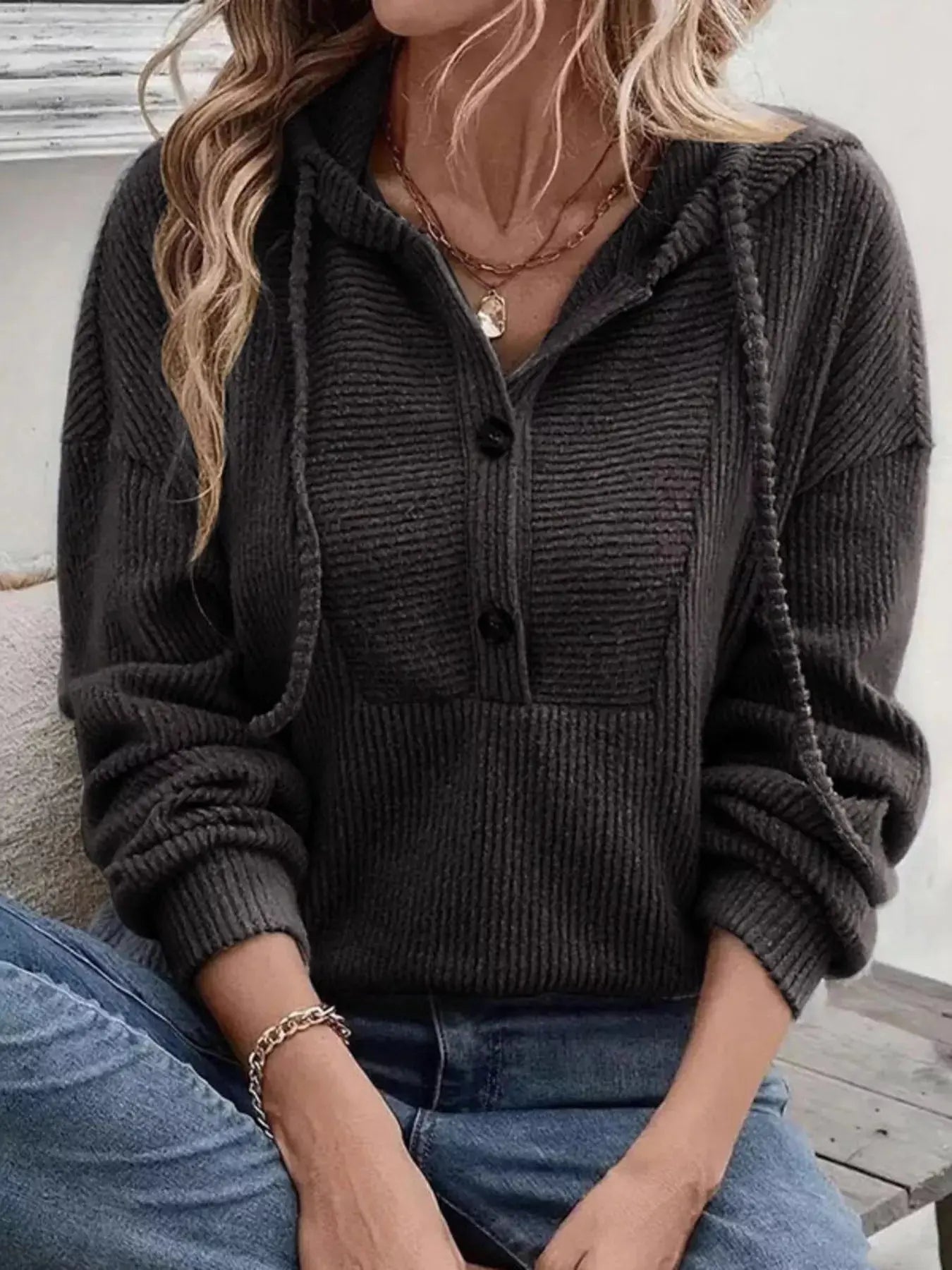 Button Front Drawstring Hoodie - Be Bliss Boutique