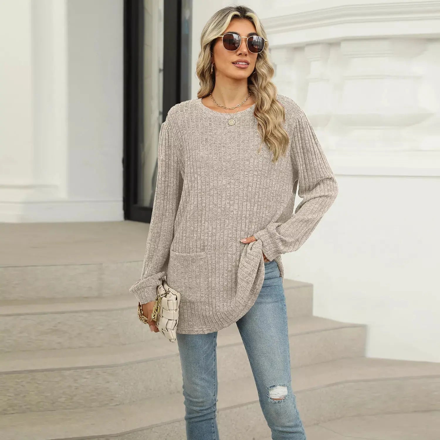 Cozy Ribbed Knit Long Sleeve Tunic Top with Pockets - Be Bliss Boutique