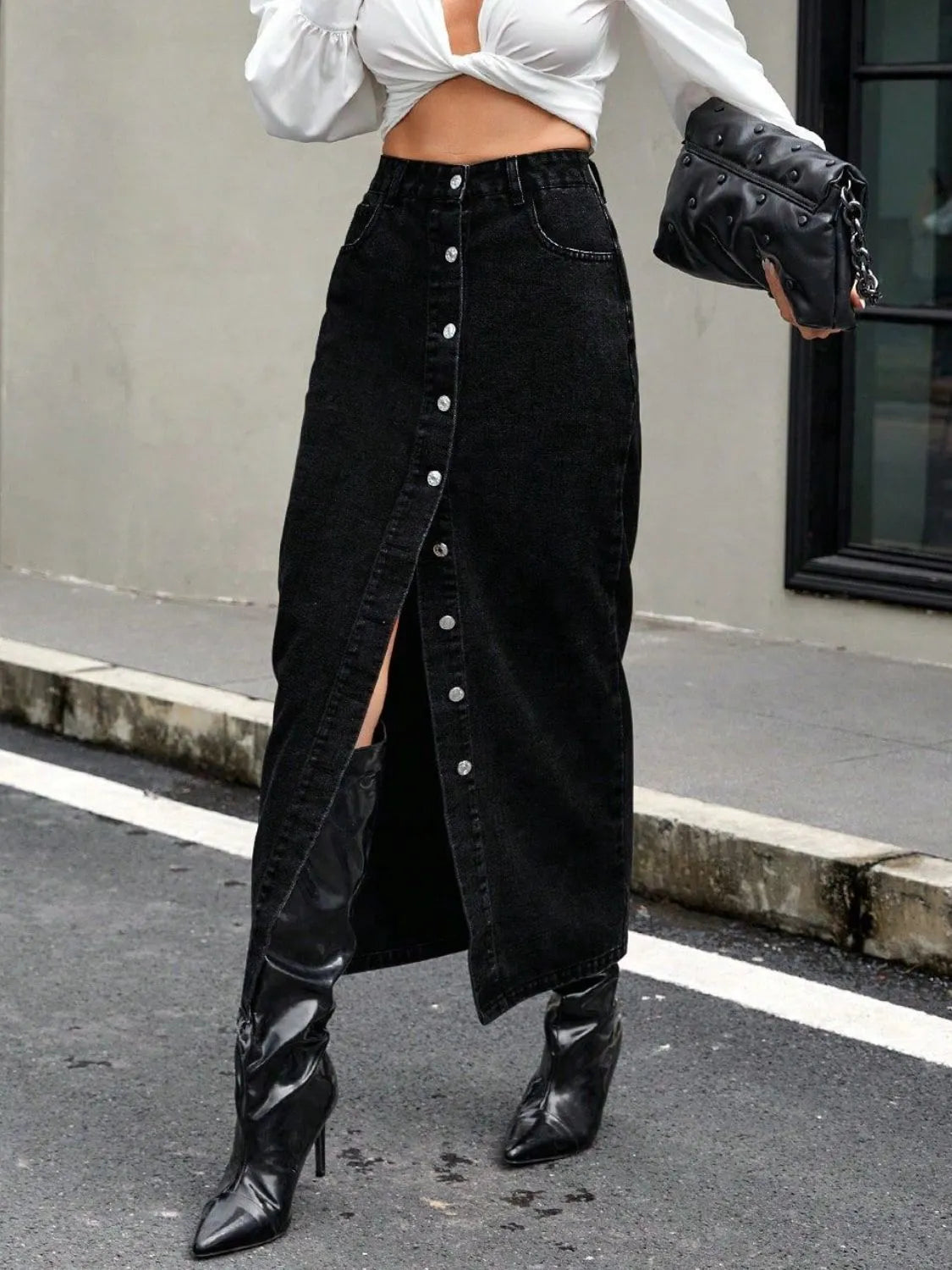 Black Button Front Denim Maxi Skirt with Slit - Be Bliss Boutique
