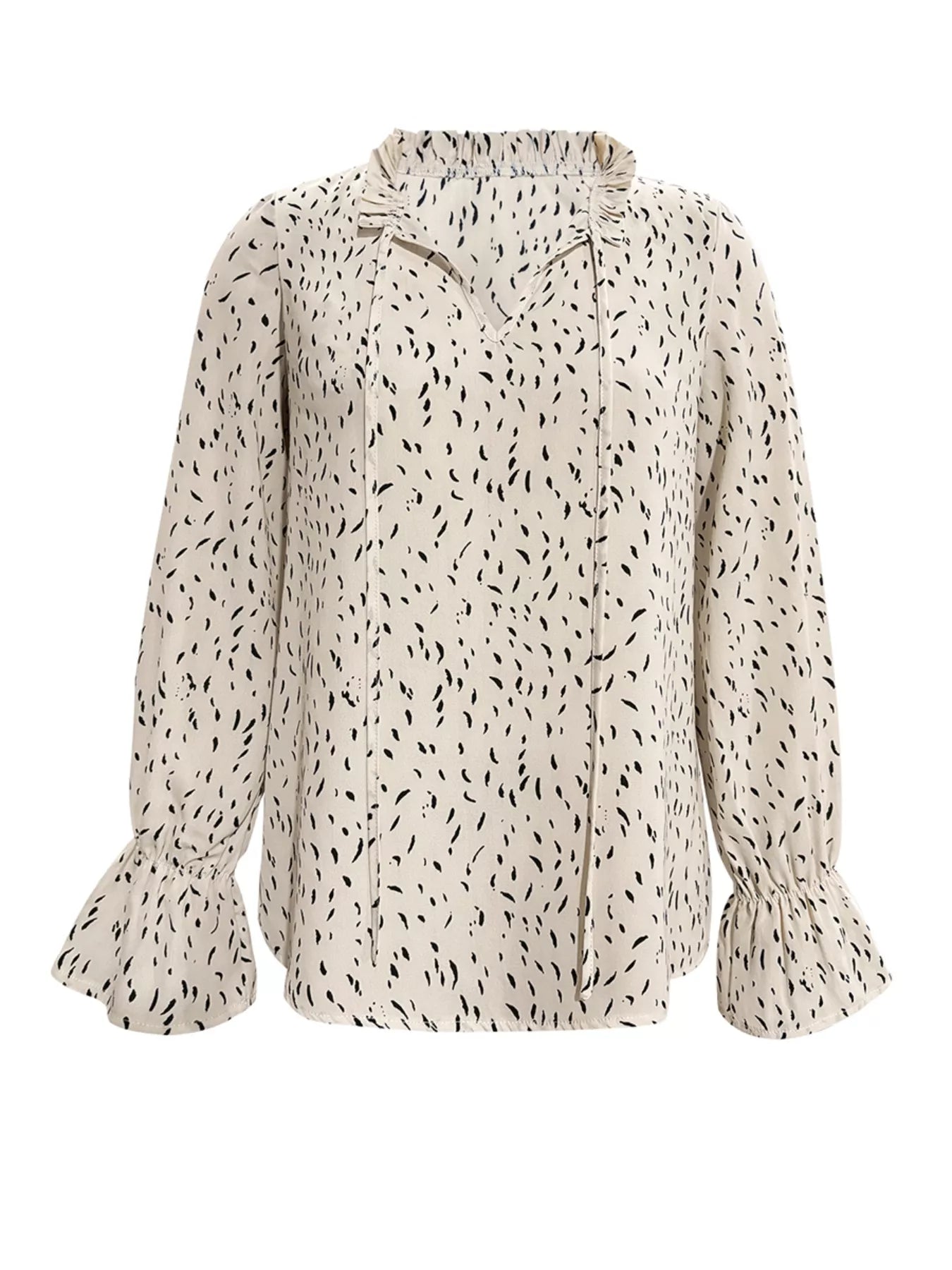 Ruffled Printed Tie Neck Long Sleeve Blouse - Be Bliss Boutique