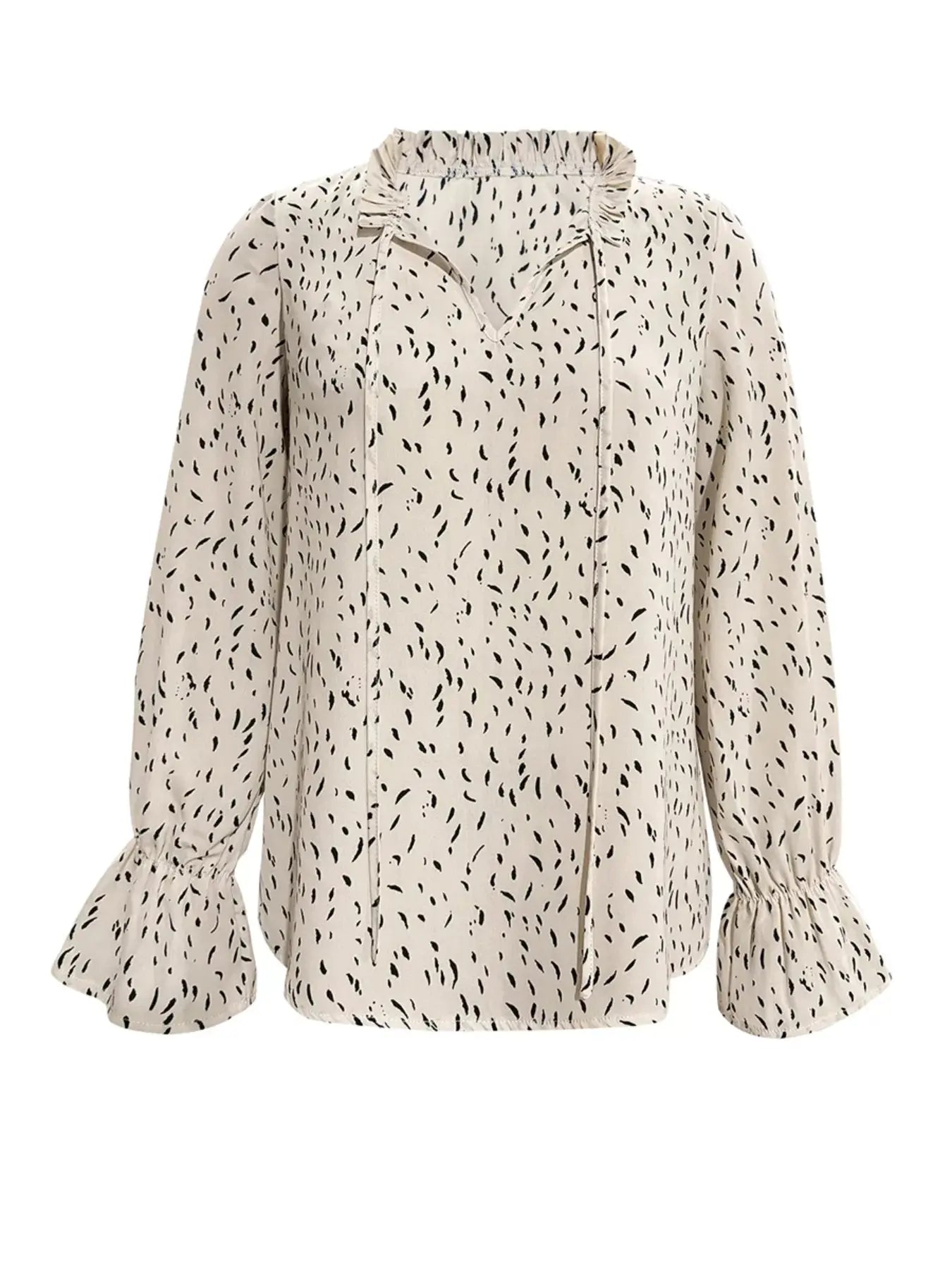 Ruffled Printed Tie Neck Long Sleeve Blouse - Be Bliss Boutique