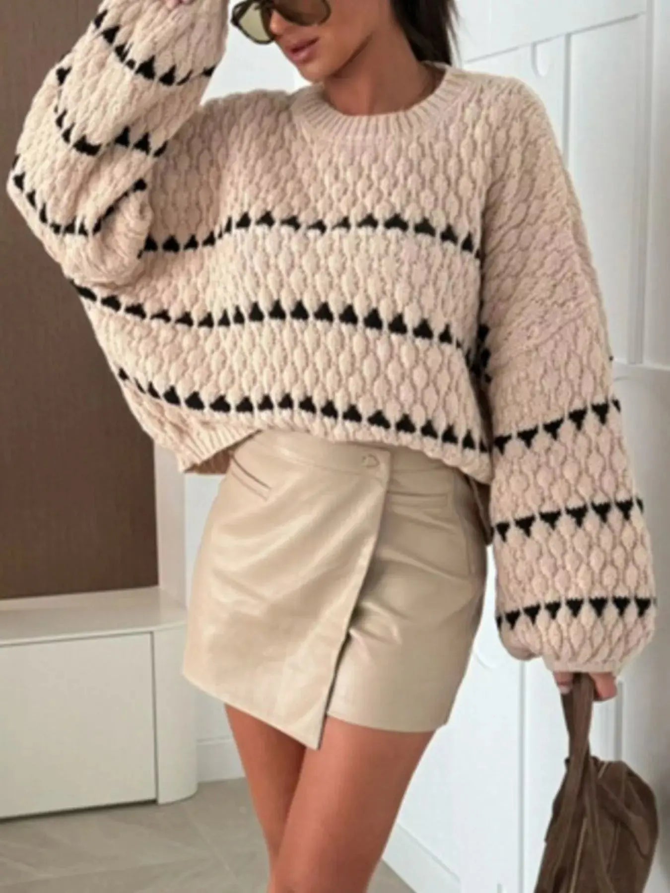 Striped Chunky Knit Sweater with Balloon Sleeves - Be Bliss Boutique