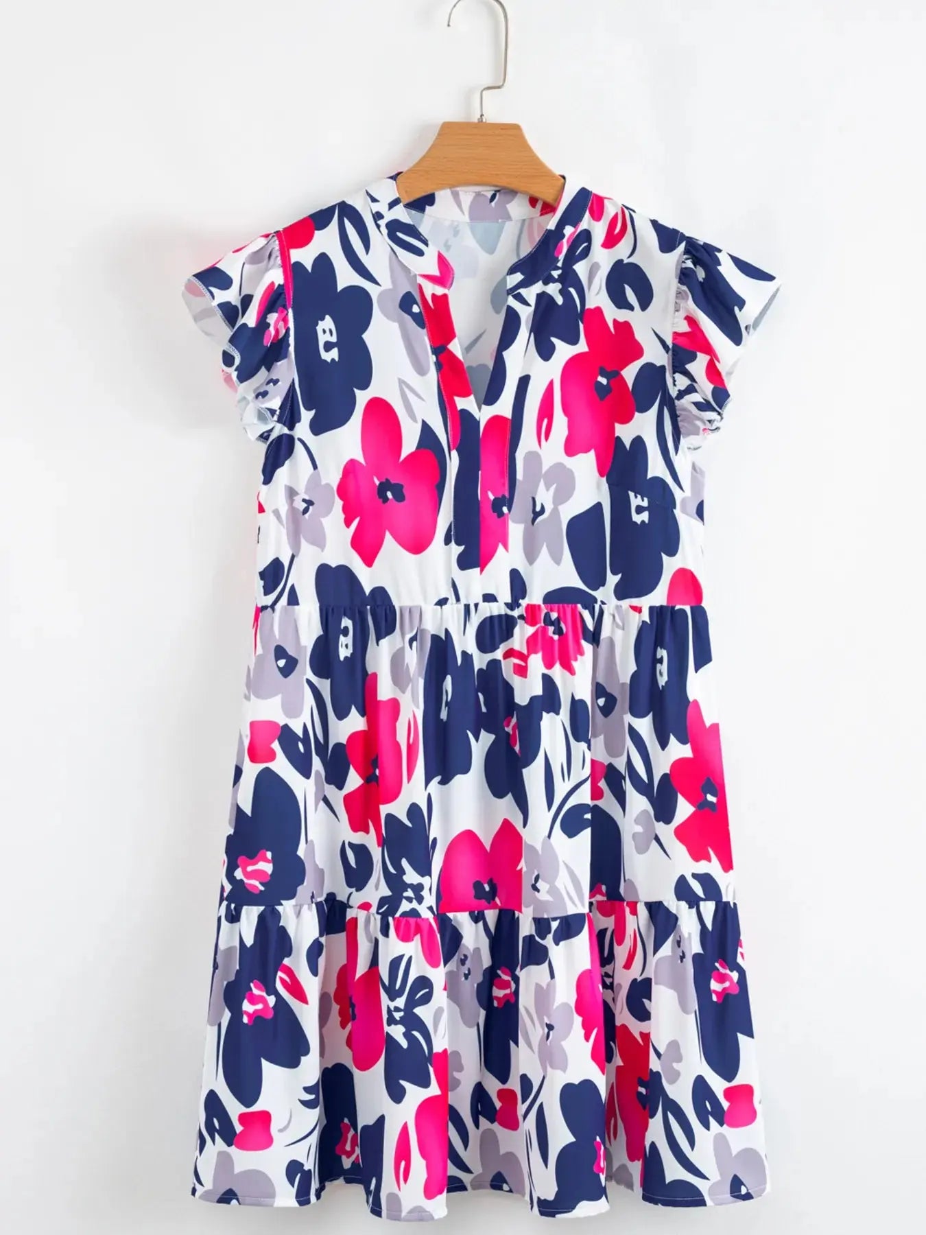 Bold Bloom Notched Neck Flutter Sleeve Mini Dress - Be Bliss Boutique