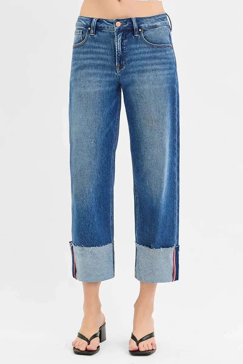 Full Size/Plus Size Tummy Control Mid Rise Crop Wide Cuffed RISEN Jeans - Be Bliss Boutique