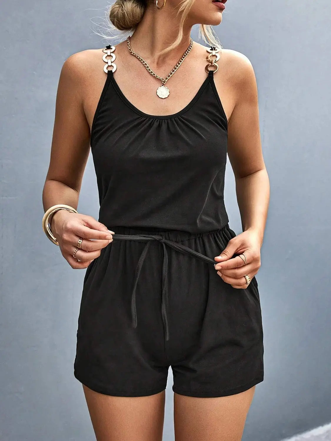 Pocketed Buckle Trim Scoop Neck Romper - Be Bliss Boutique