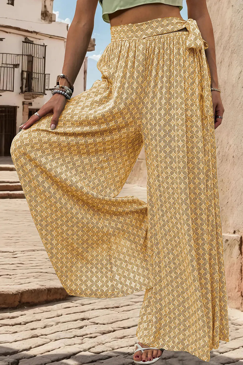 Printed Tied Wide Leg Pants - Be Bliss Boutique
