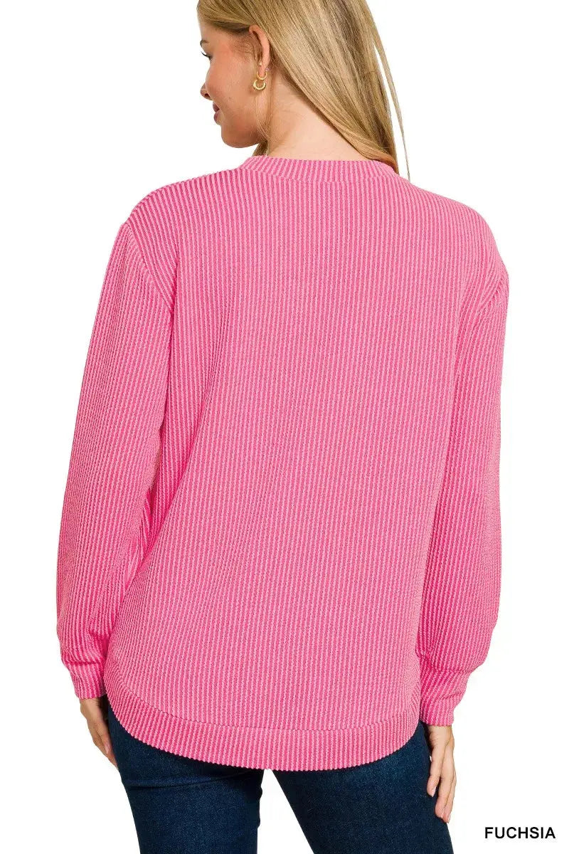 Zenana Plus Size Raised Rib Round Neck Long Sleeve Top - Be Bliss Boutique