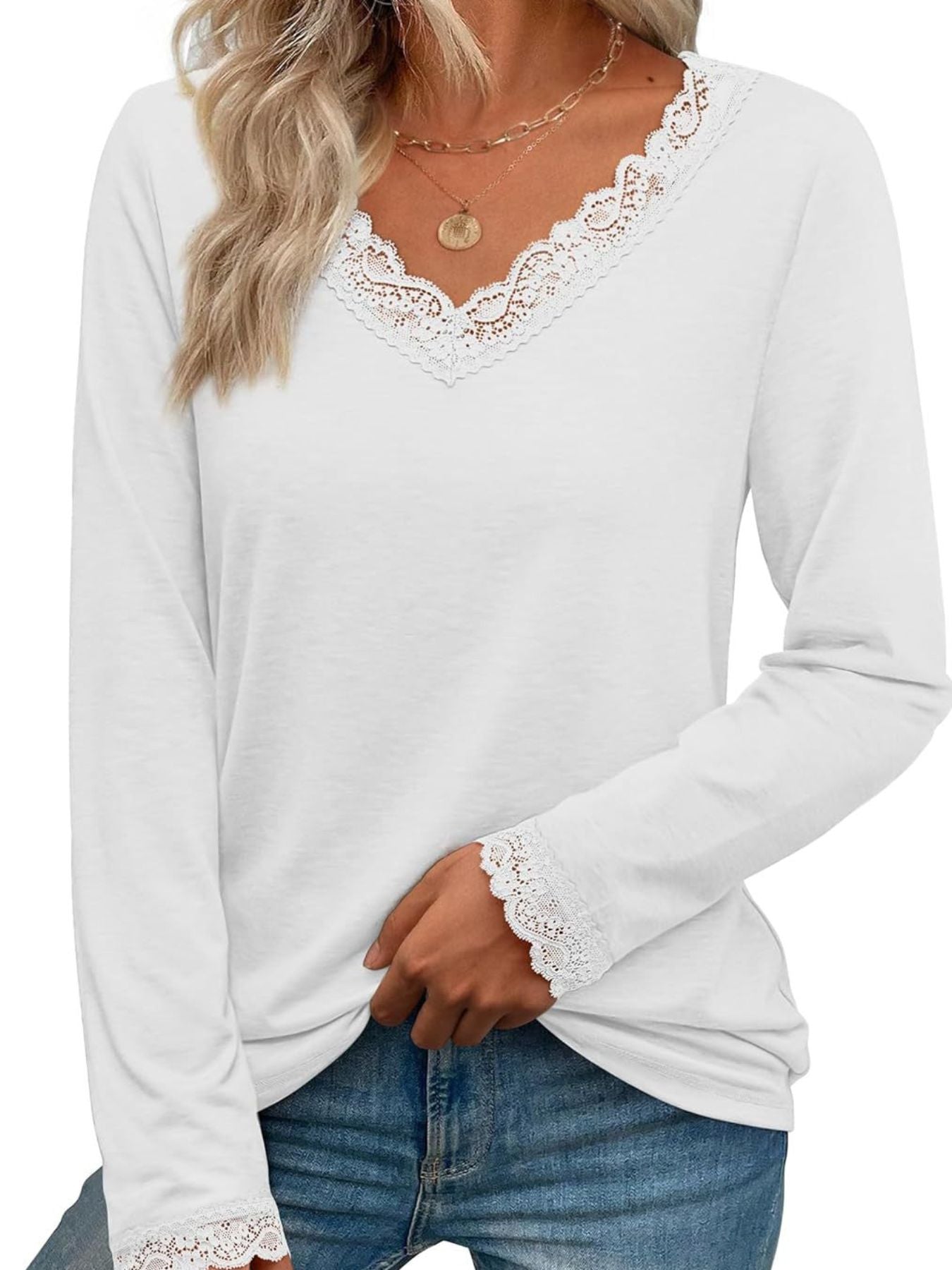 Women's Lace Trim V Neck Long Sleeve Top - Be Bliss Boutique