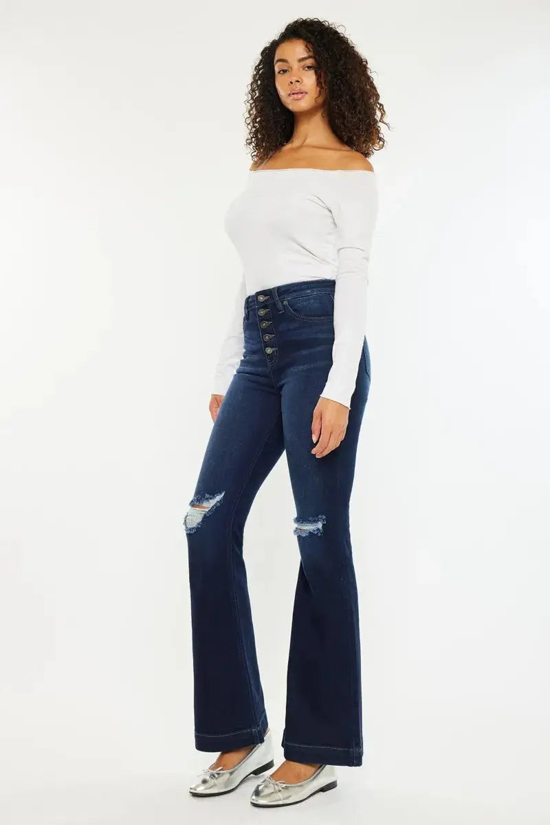 Button Fly High Rise Distressed Kancan Flare Jeans - Be Bliss Boutique