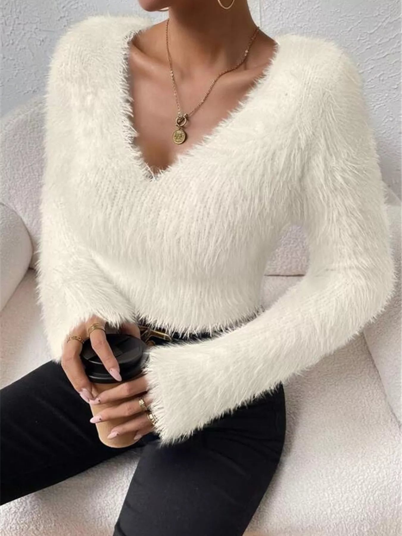 Fluffy Knit V Neck Sweater - Be Bliss Boutique
