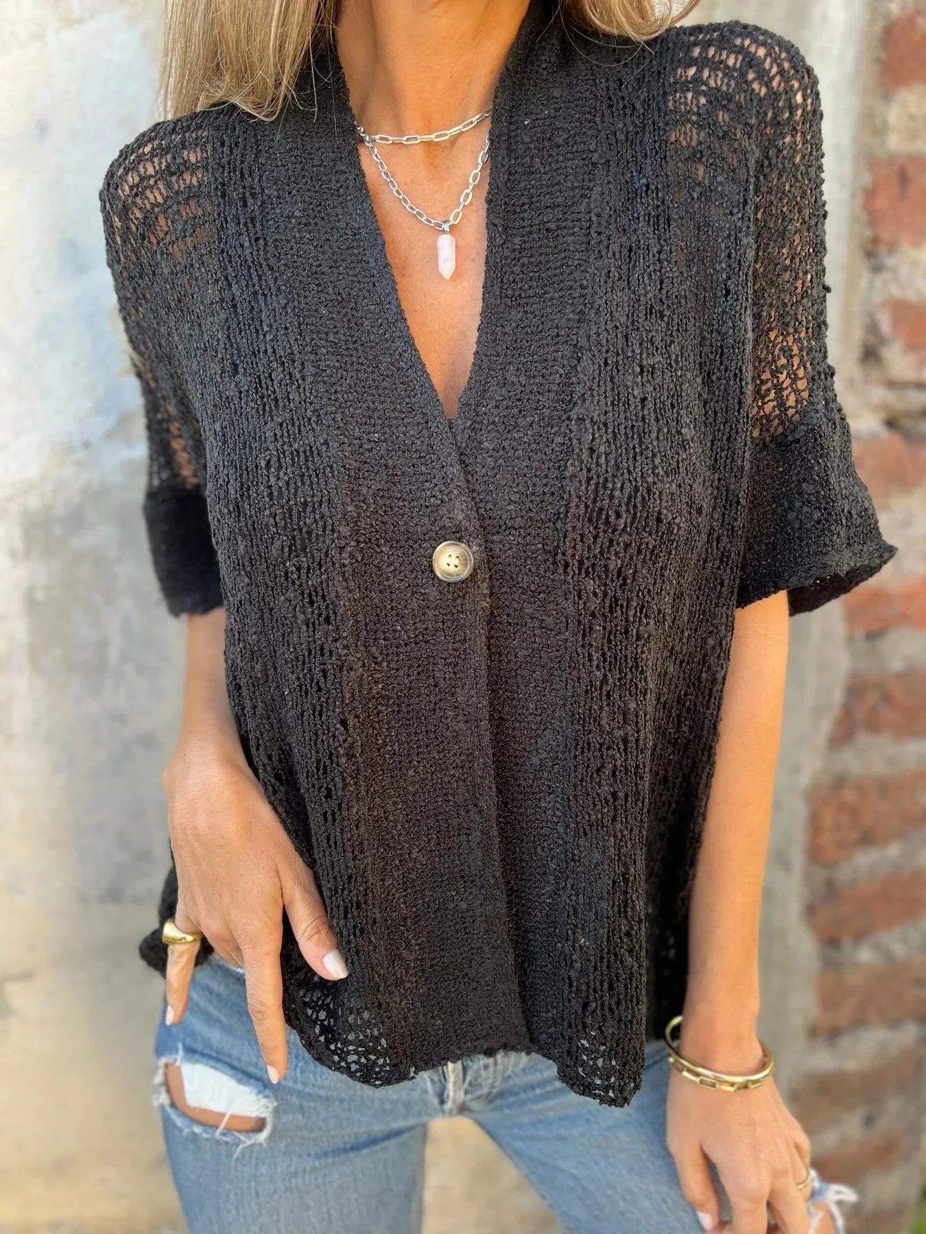 Full Size Knit Openwork One Button Cardigan - Be Bliss Boutique