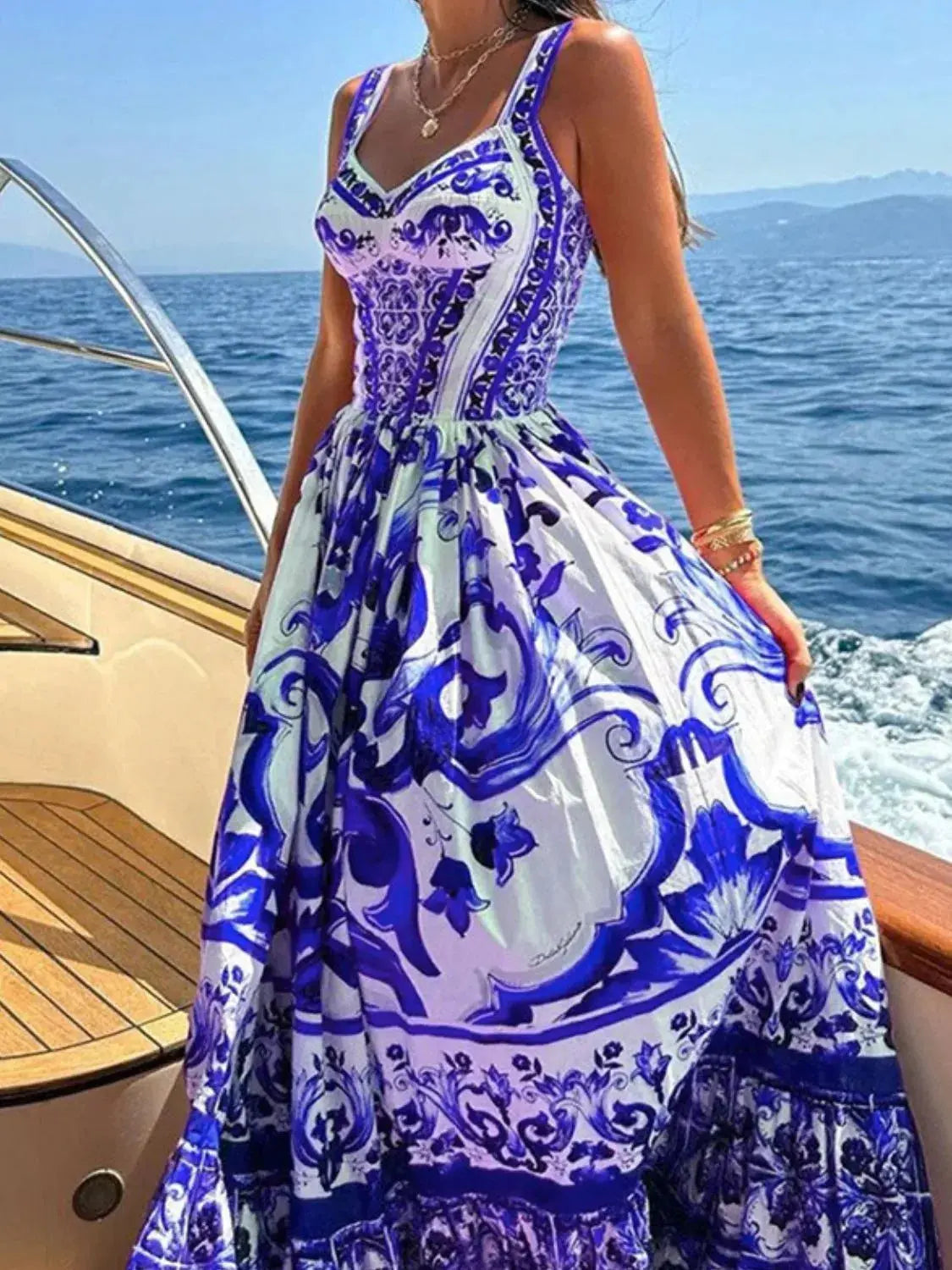 Smocked Blue Tile Print Wide Strap Midi Dress - Be Bliss Boutique