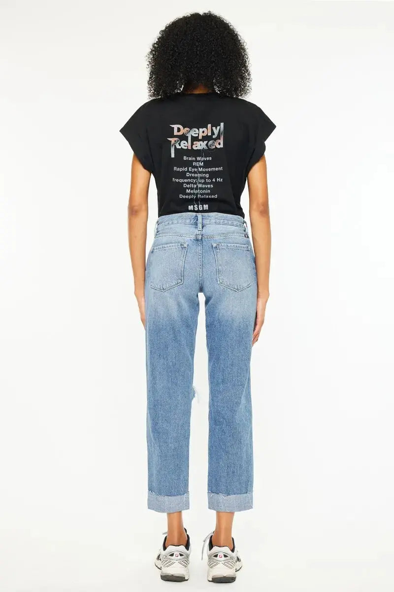 Mid Rise Distressed Kancan Boyfriend Jeans - Medium Wash - Be Bliss Boutique