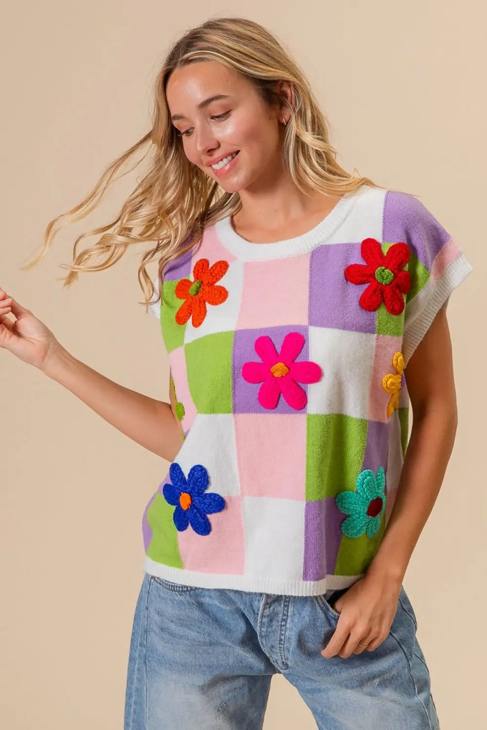 BiBi Flower Patch Checkered Sweater Vest - Be Bliss Boutique