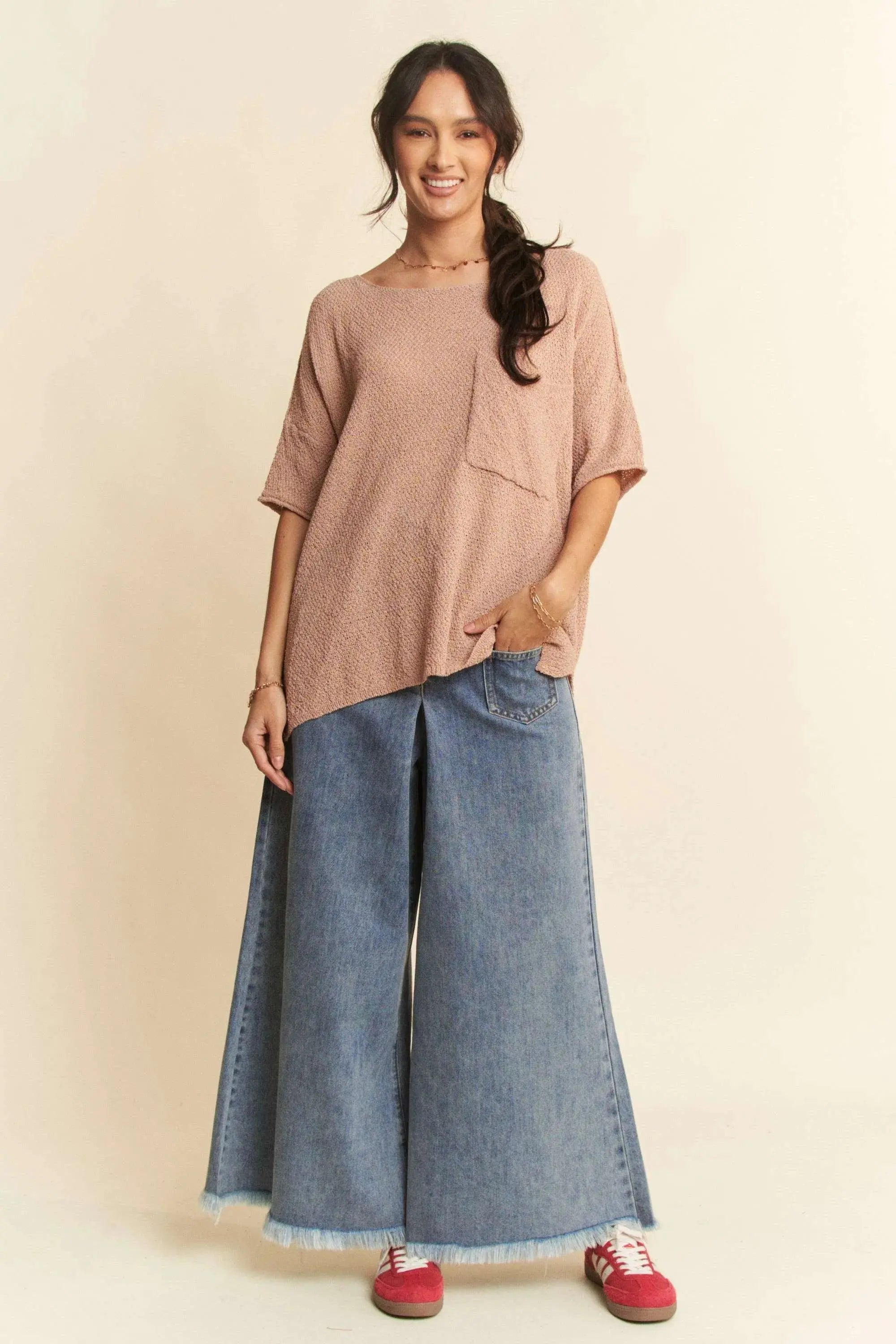 Davi & Dani Raw-Hem Patch-Pocket Wide Leg Culotte Jeans - Be Bliss Boutique