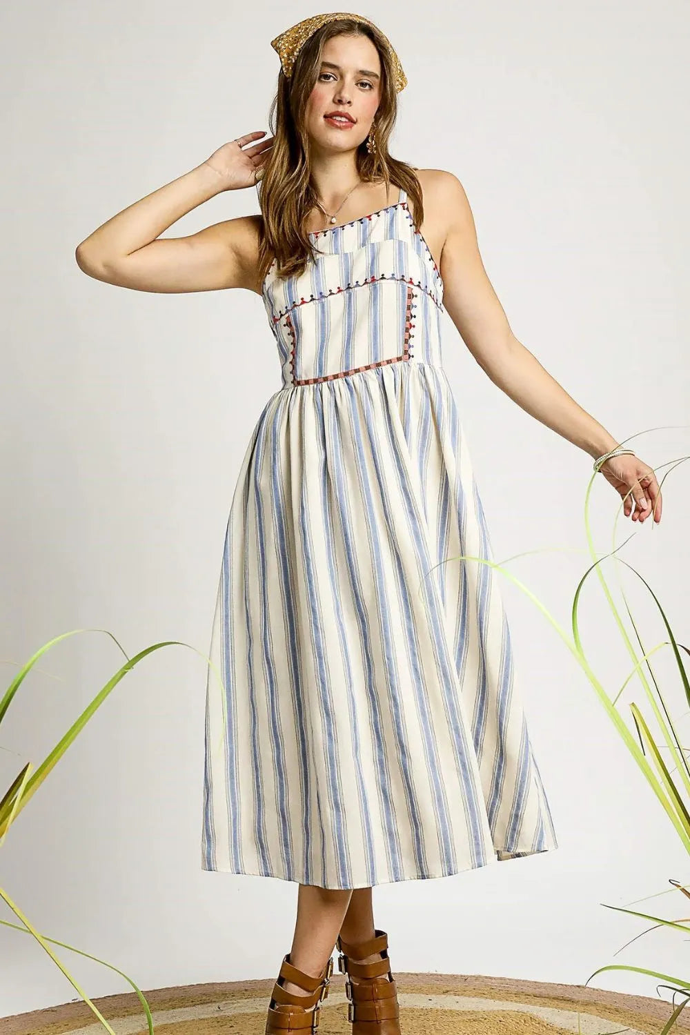 Umgee Embroidered Smocked Boho Striped Dress – Cami Midi Dress - Be Bliss Boutique