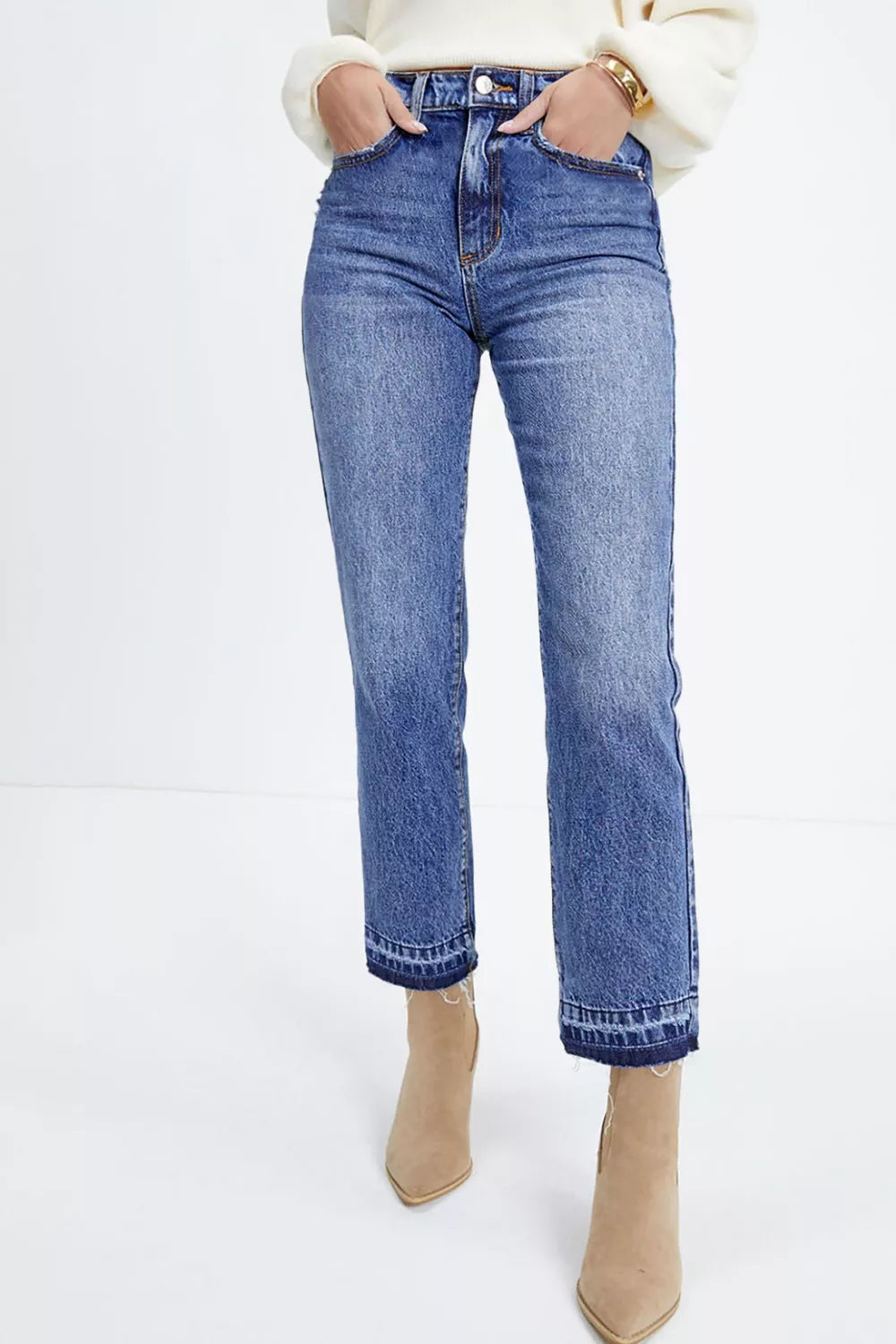 Whiskered Wash Raw Hem Cropped Jeans - Be Bliss Boutique