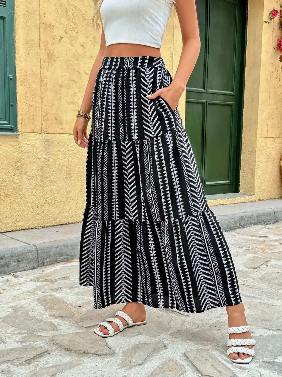Black and White Tiered Bohemian Maxi Skirt with Pockets - Be Bliss Boutique