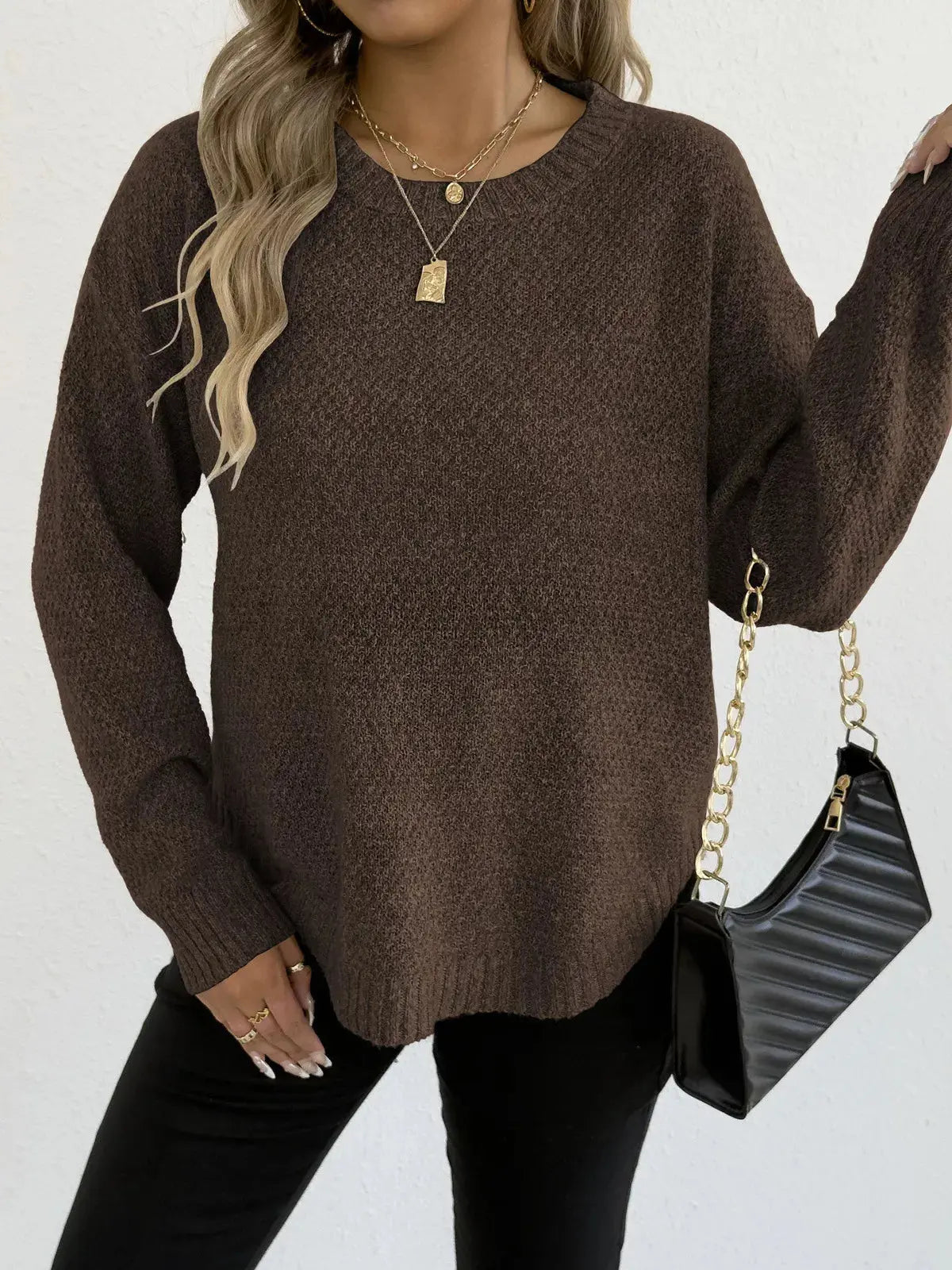Round Neck Textured Knit Relaxed Fit Sweater - Be Bliss Boutique