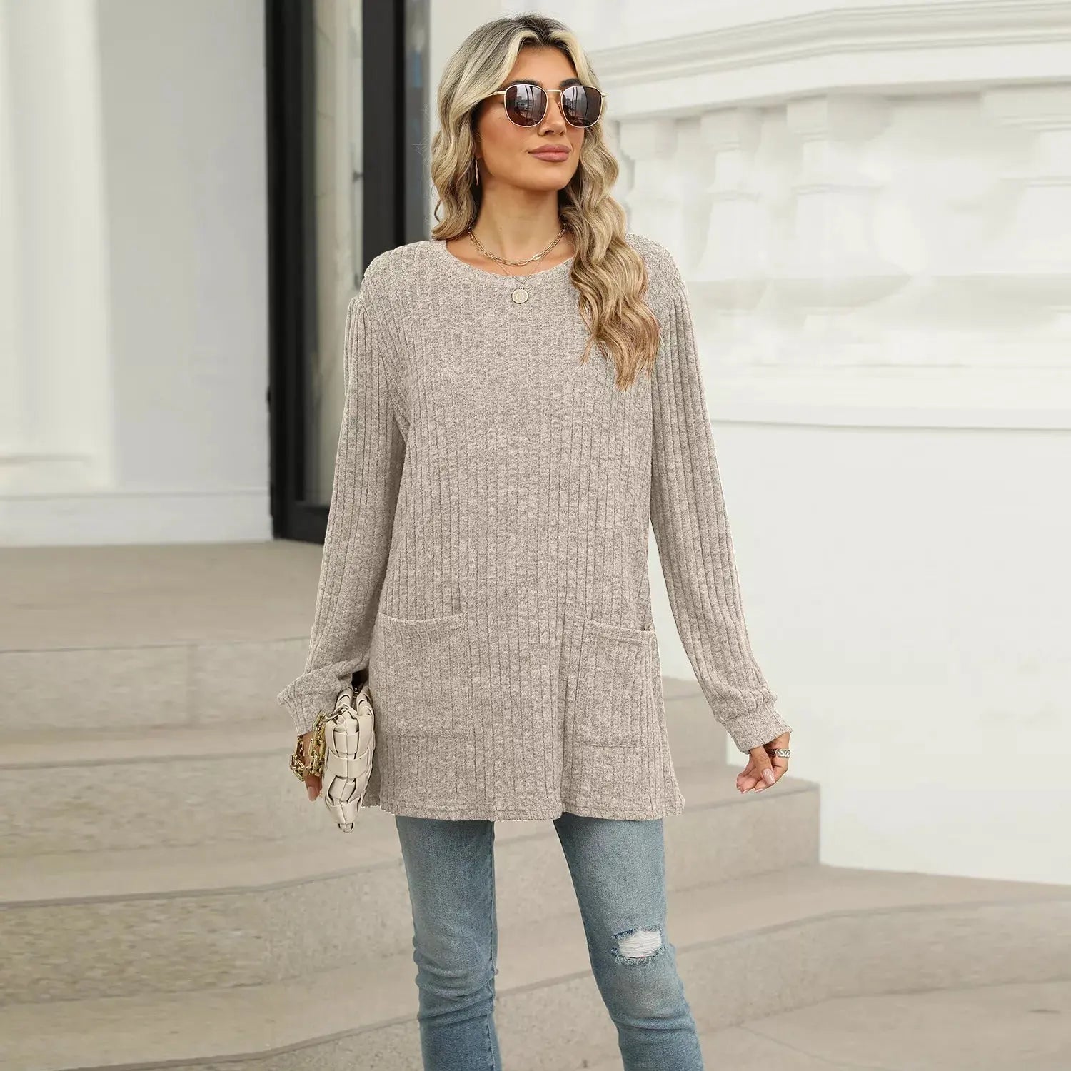 Cozy Ribbed Knit Long Sleeve Tunic Top with Pockets - Be Bliss Boutique