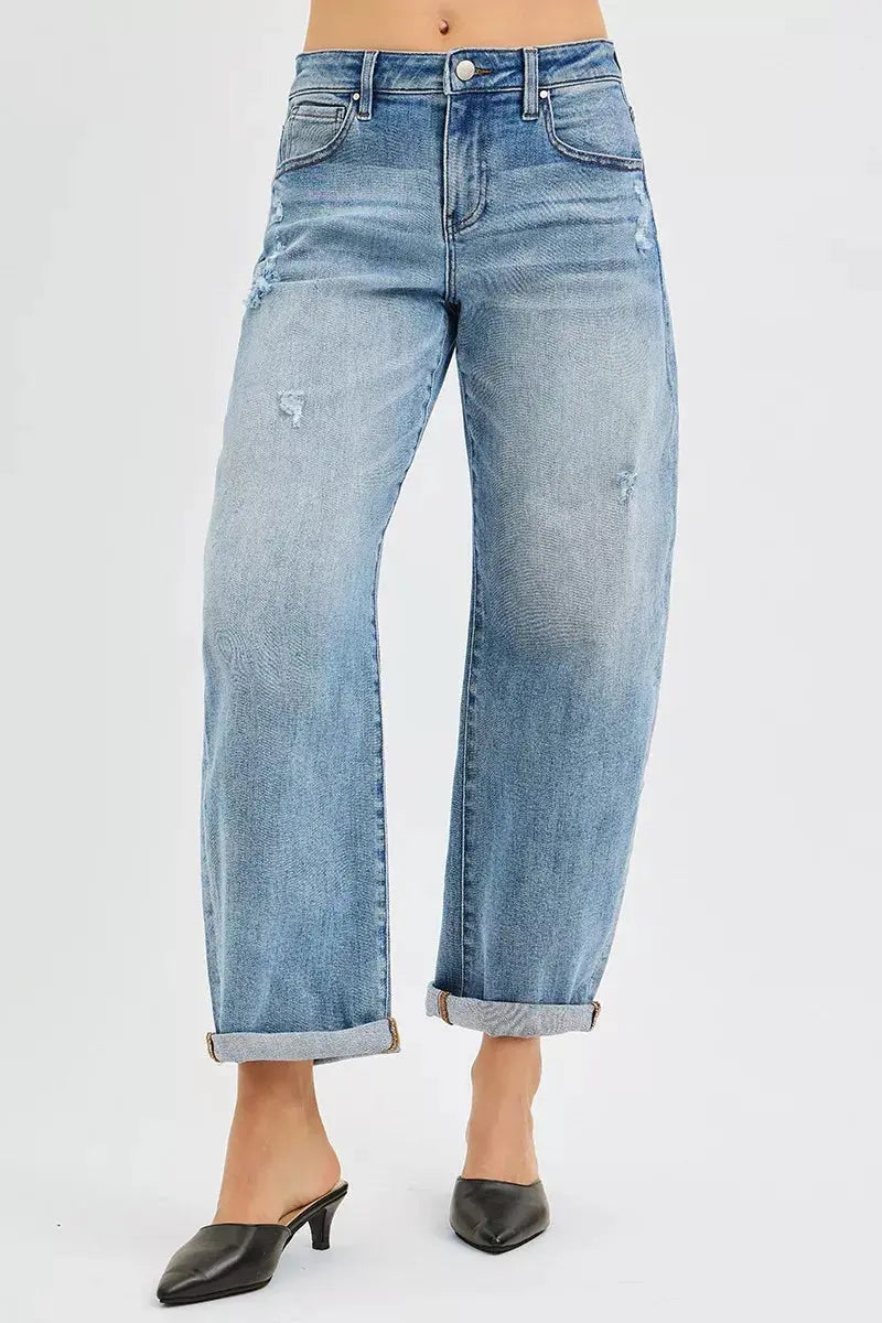 RISEN Jeans - Full Size Slouchy Ankle Length Barrel Jeans with Cuffs - Be Bliss Boutique