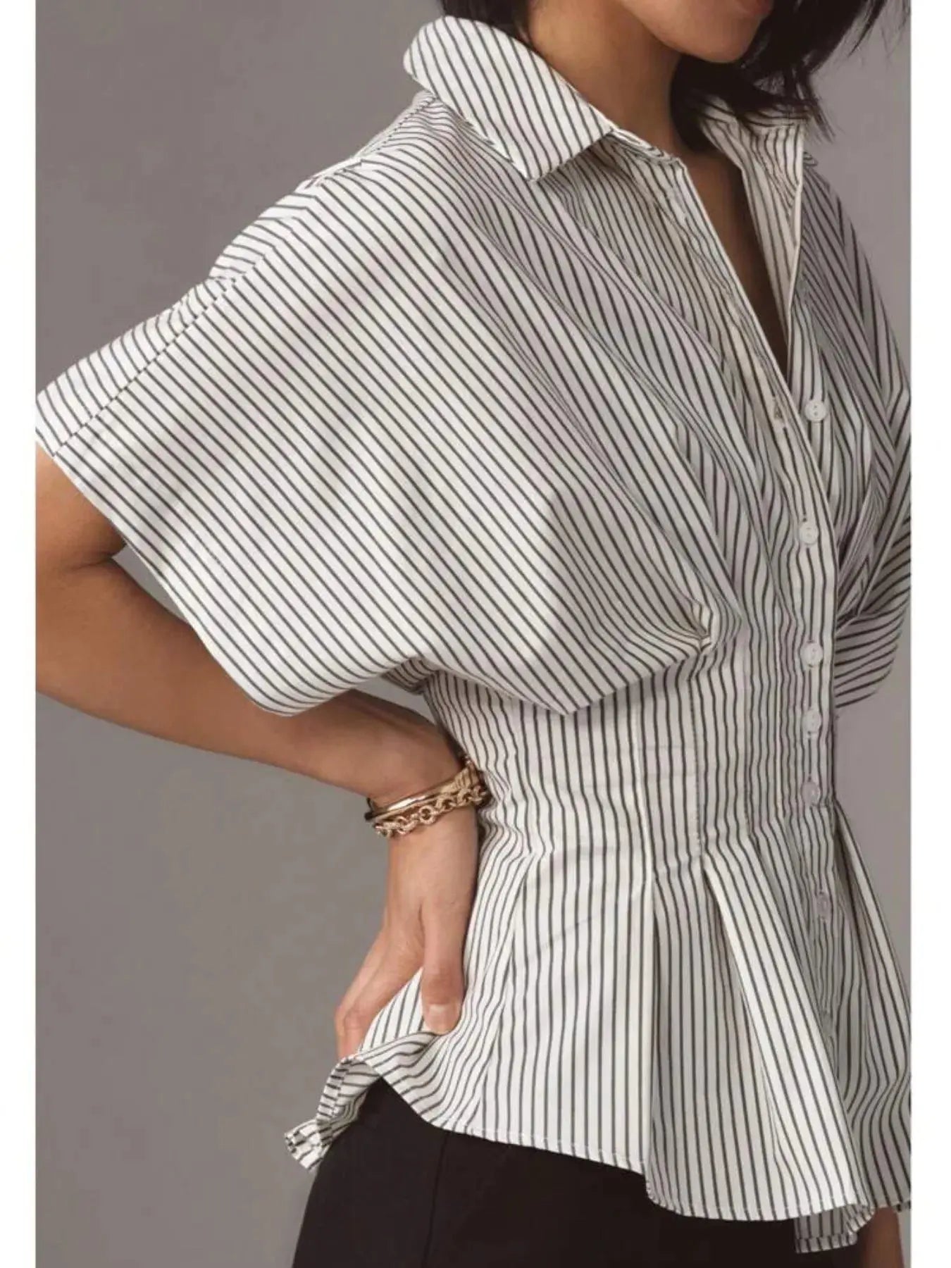 Pinstripe Puff Sleeve Cinched Waist Button Up Shirt - Be Bliss Boutique