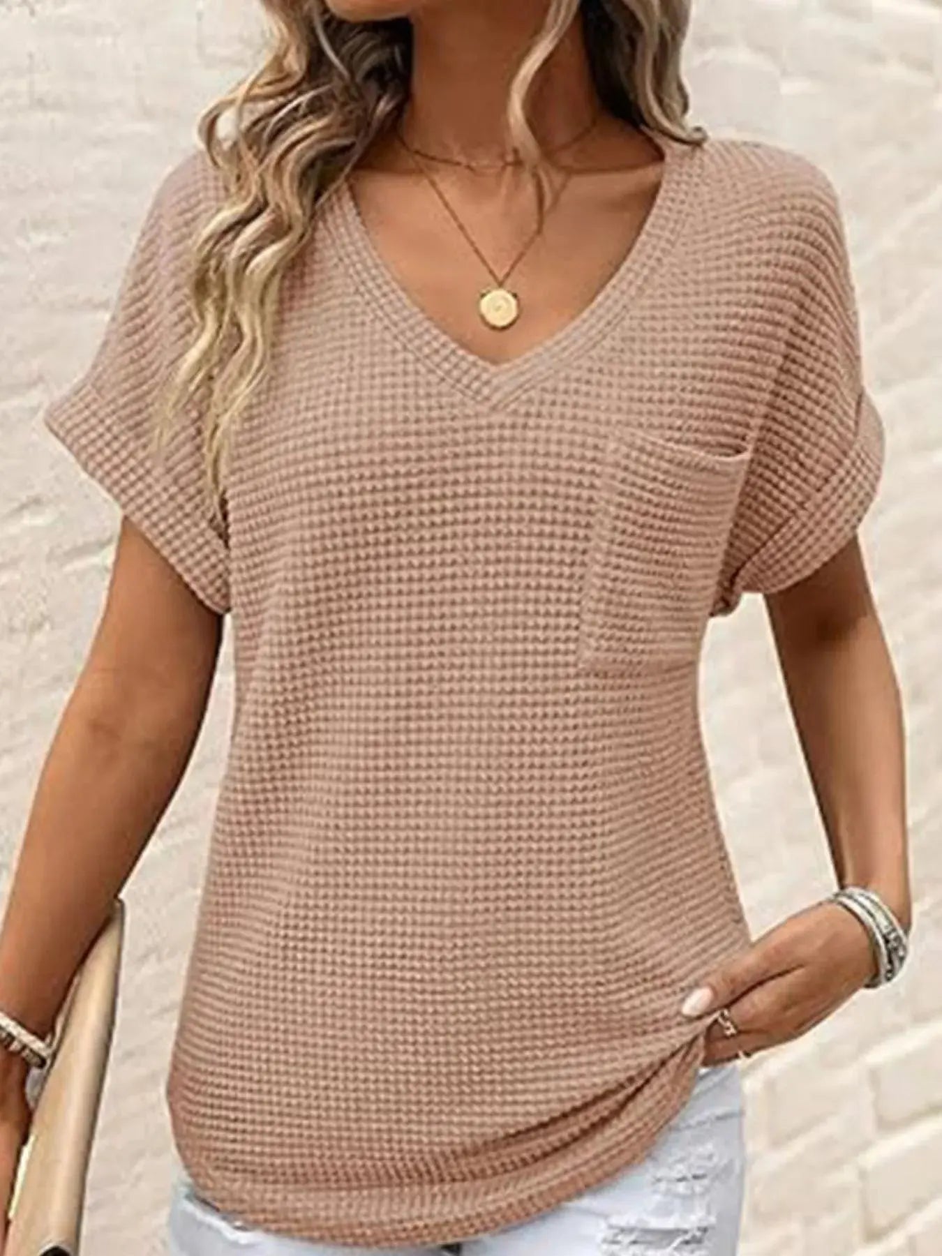 Waffle Knit V-Neck Casual T-Shirt - Be Bliss Boutique