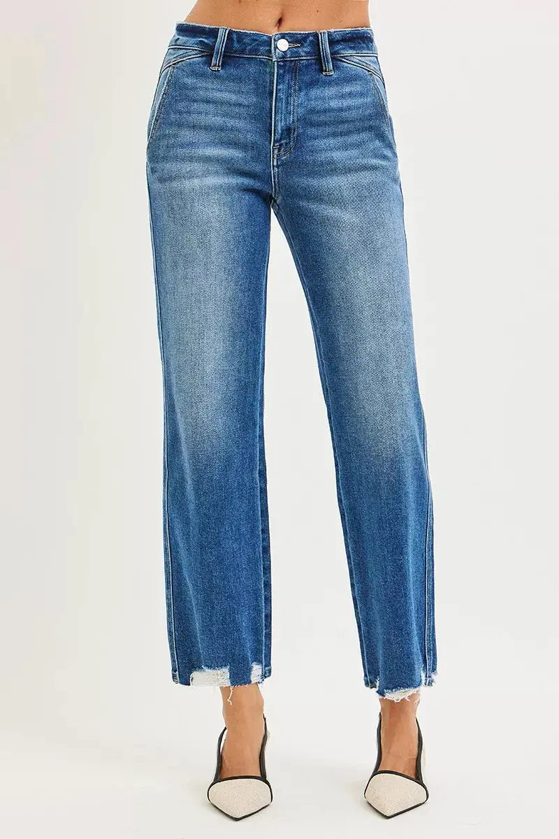 RISEN Jeans - High Rise Ankle Straight Distressed Hem Detail Jeans - Be Bliss Boutique