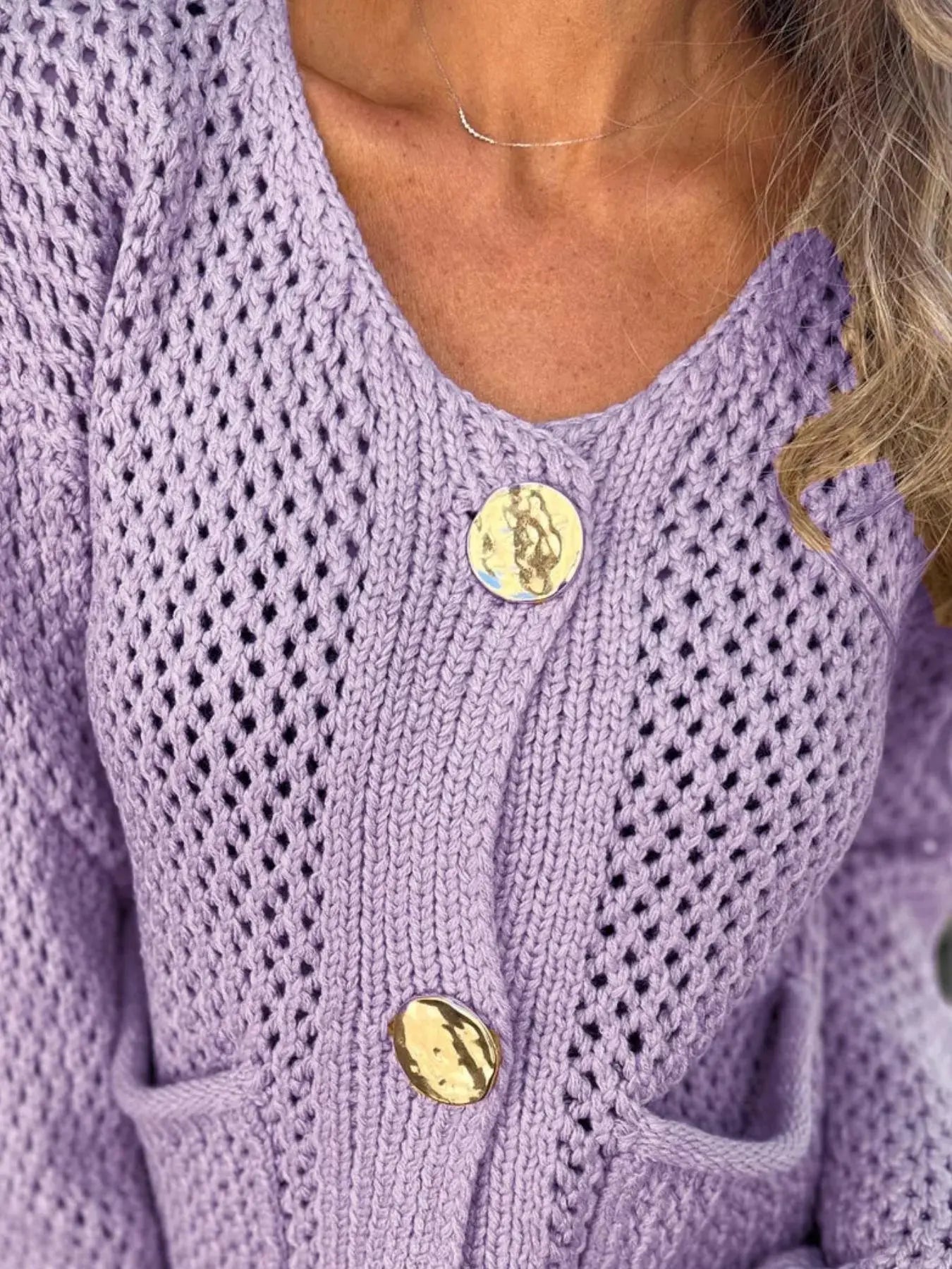 Crochet Button Up Long Sleeve Cardigan - Be Bliss Boutique