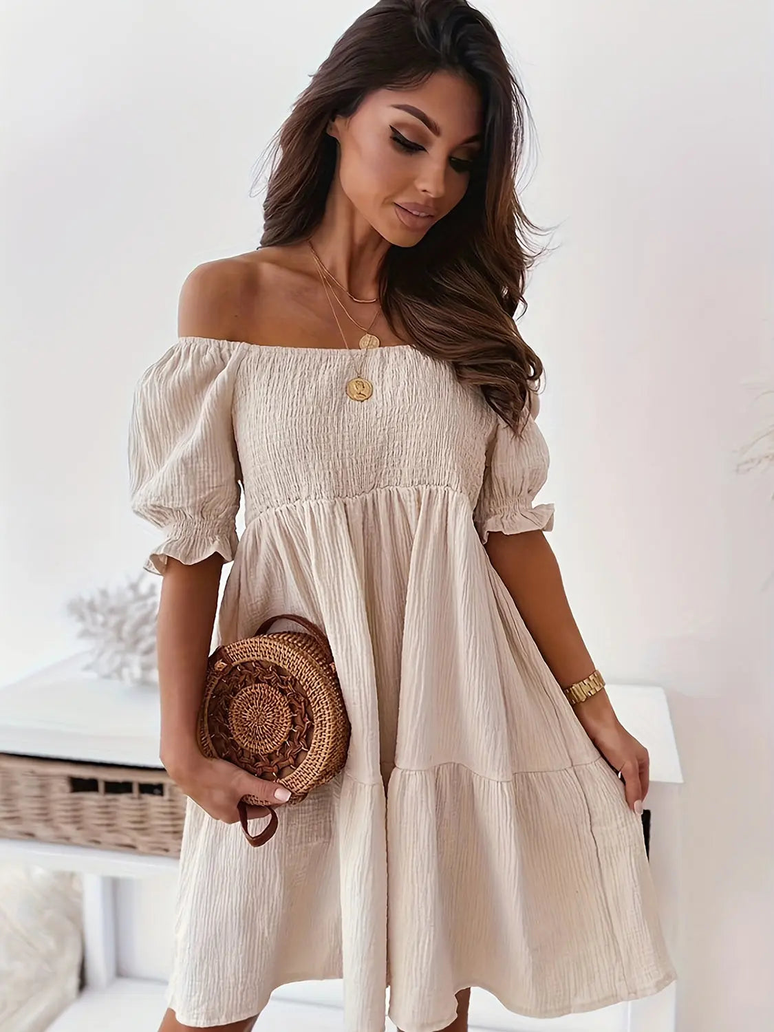 Full Size Ruffled Off Shoulder Short Sleeve Dress - Be Bliss Boutique