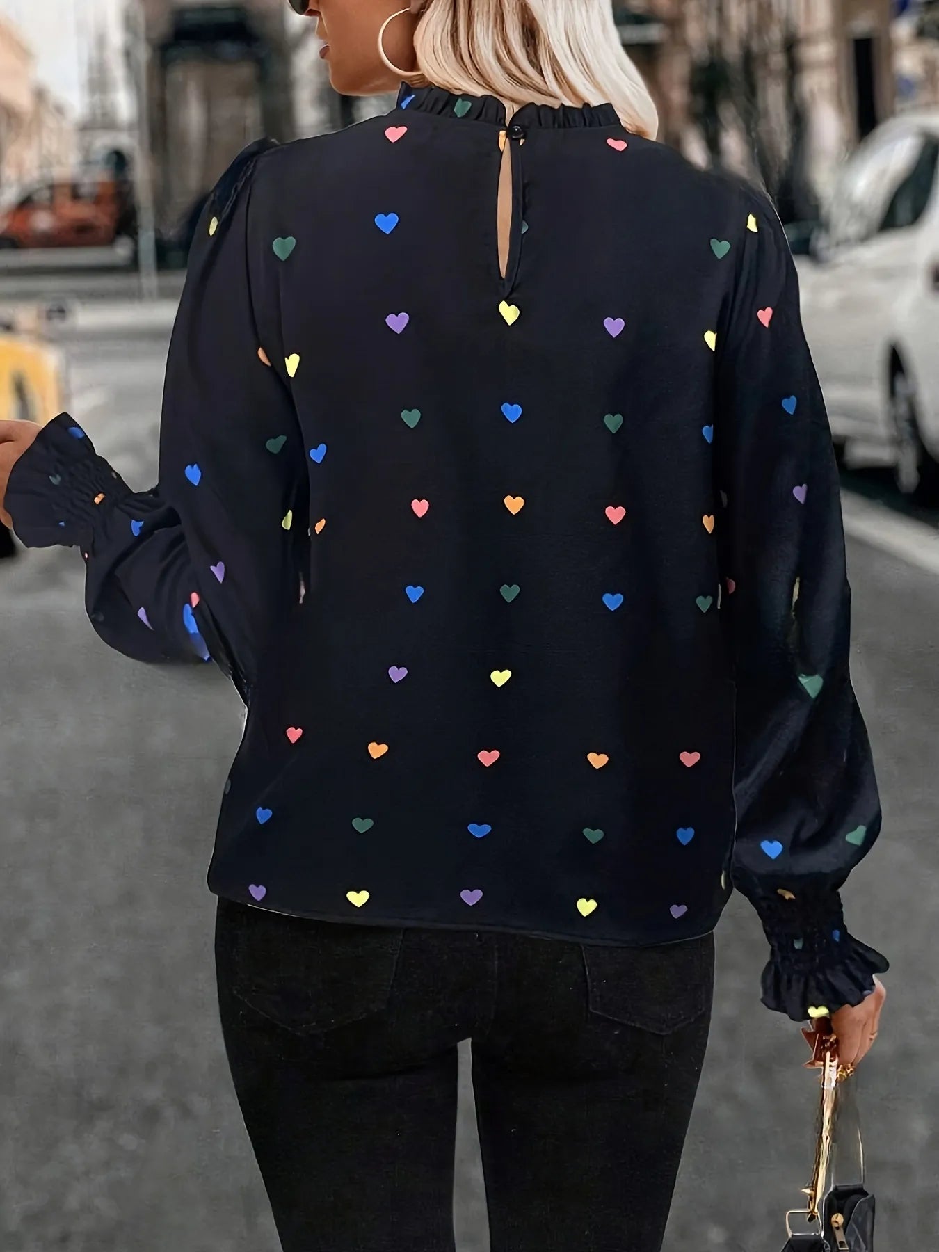 Colorful Heart Print Lantern Sleeve Blouse - Be Bliss Boutique