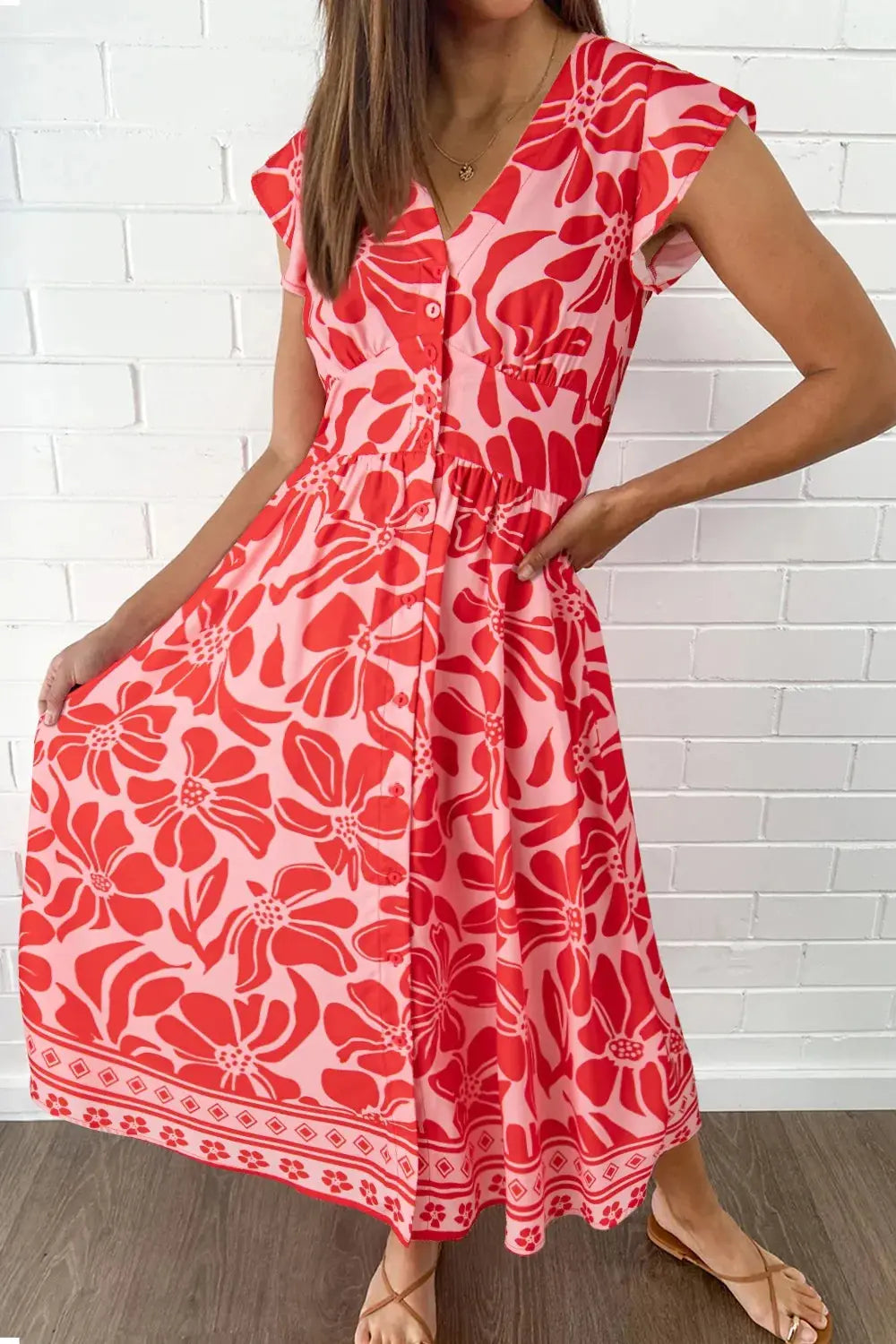 Floral Ruffled V Neck Midi Dress with Button Front - Be Bliss Boutique