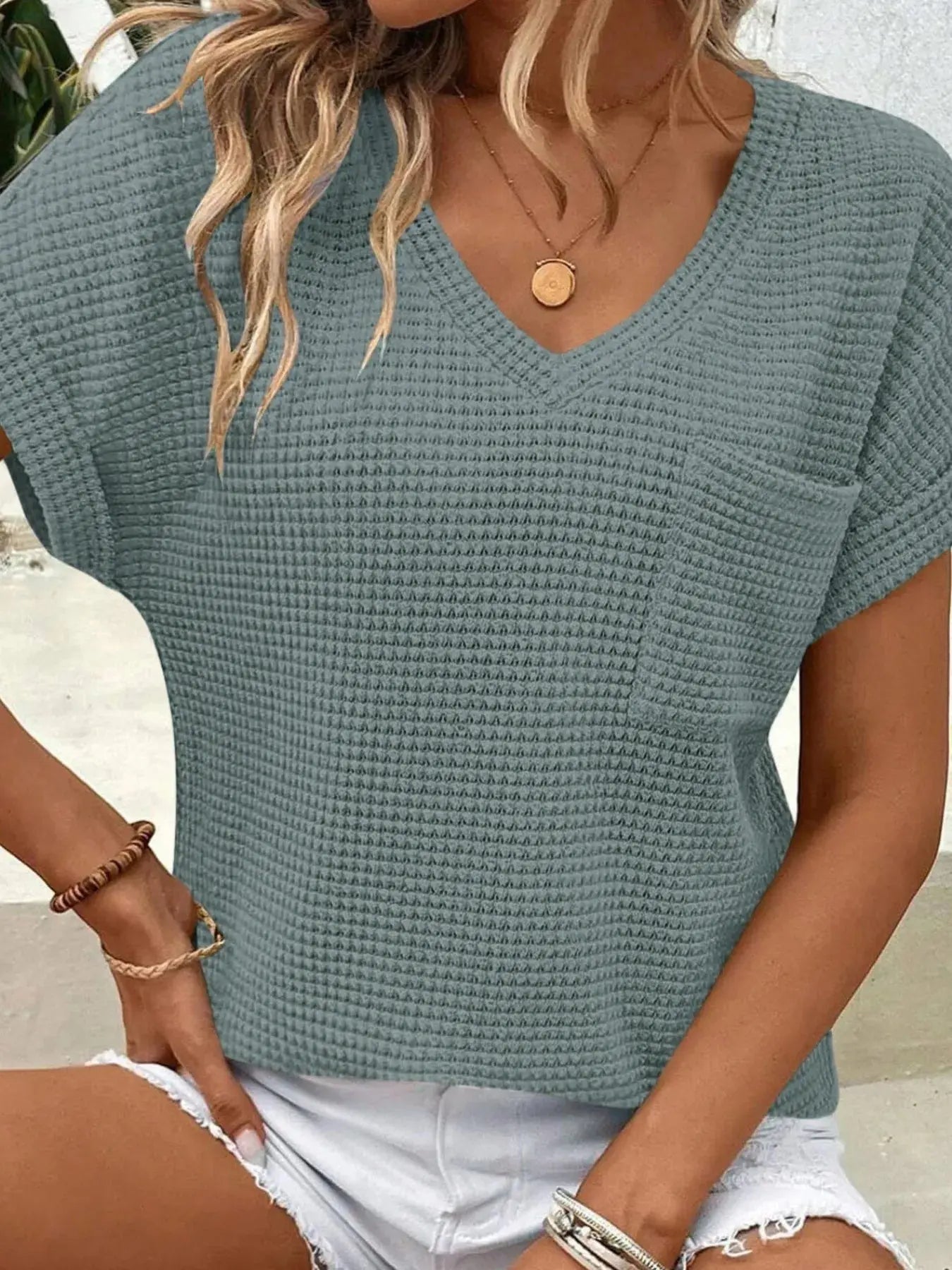 Waffle Knit V-Neck Casual T-Shirt - Be Bliss Boutique