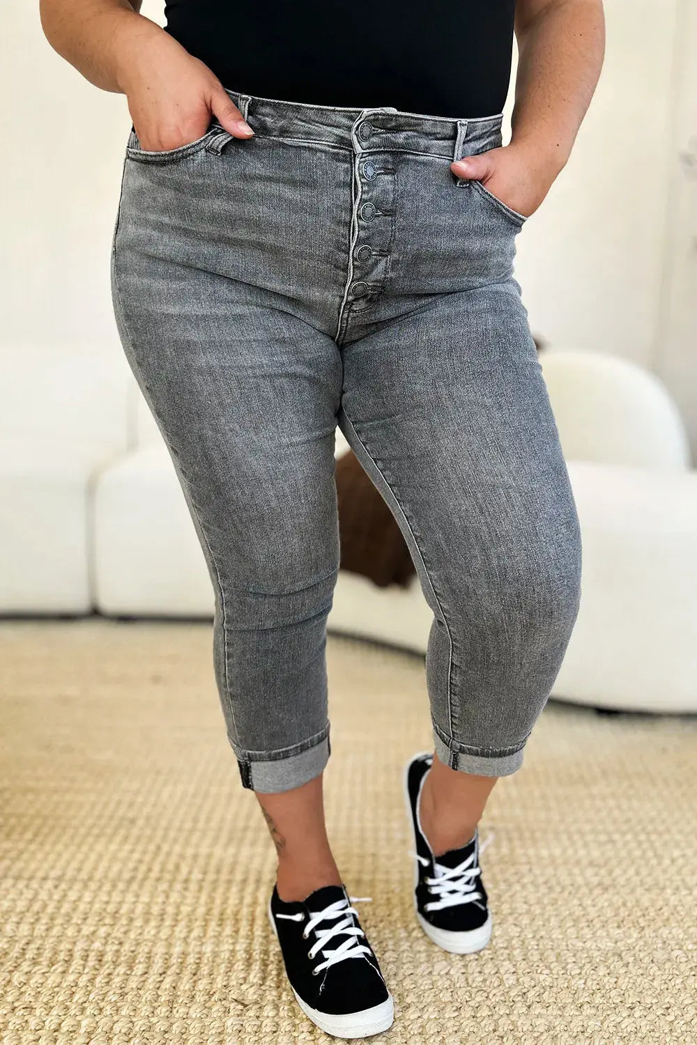 Judy Blue Jeans - Full Size Button Fly High Waist Cuffed Capris - Be Bliss Boutique