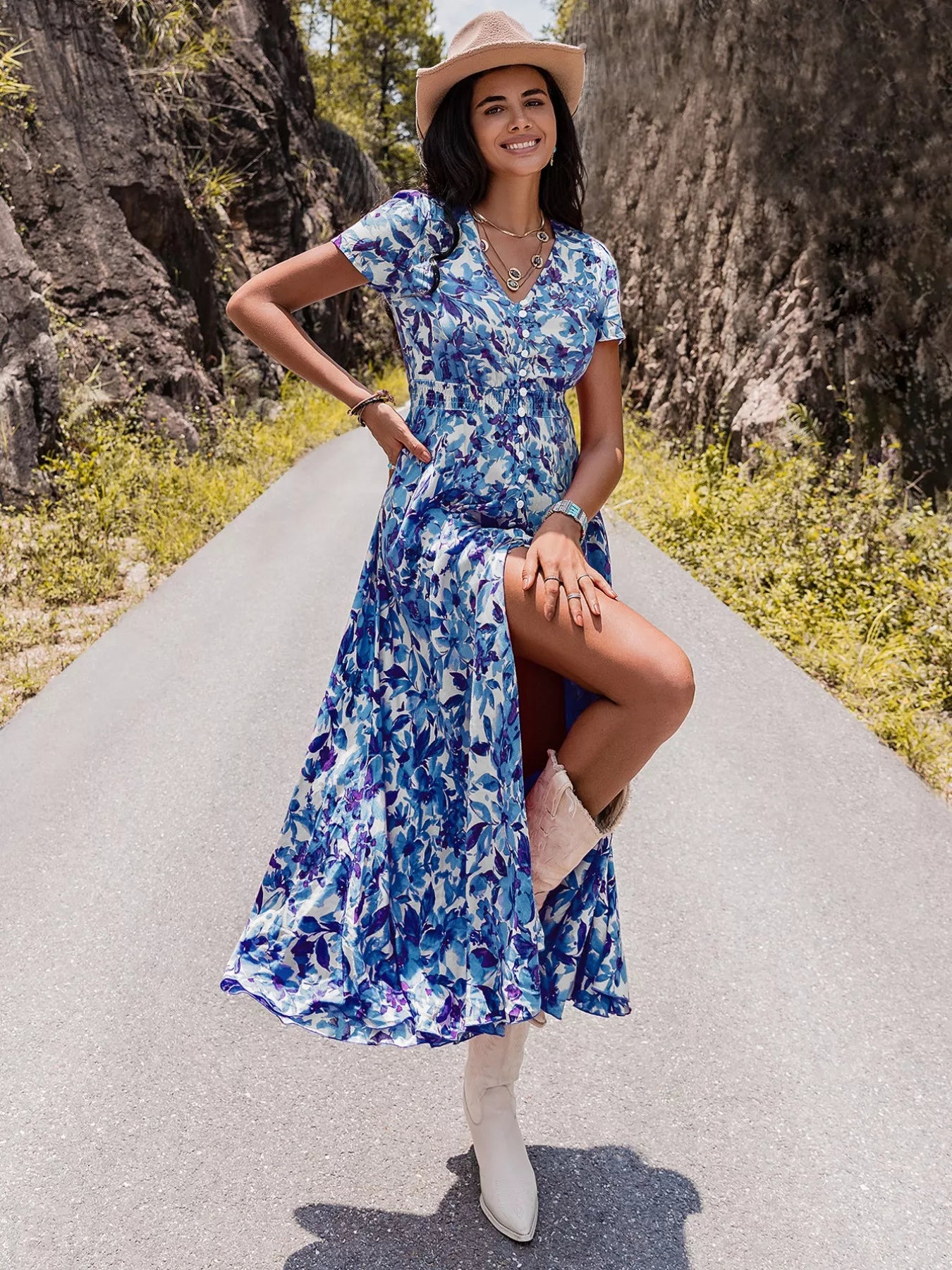 Floral Print Slit Front V Neck Midi Dress - Be Bliss Boutique