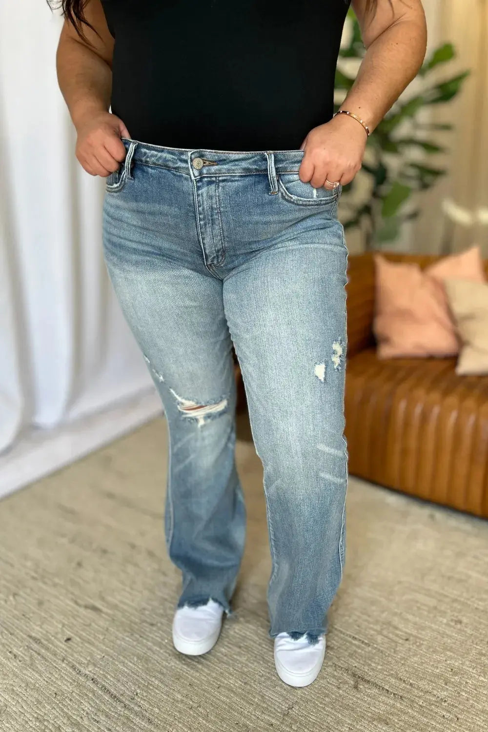 Plus Size Medium Rise Tummy Control Destroy Flare Judy Blue Jeans - Be Bliss Boutique