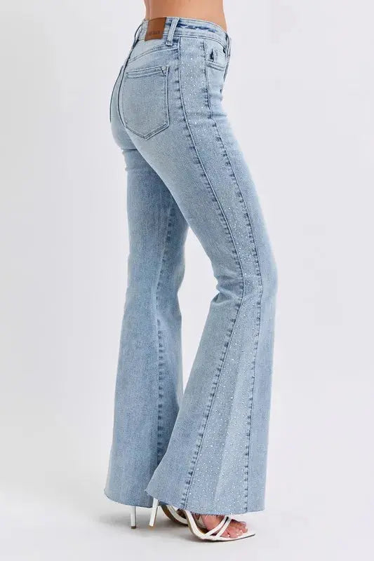 Mid Rise Rhinestone Side Panel Flare Judy Blue Jeans - Be Bliss Boutique