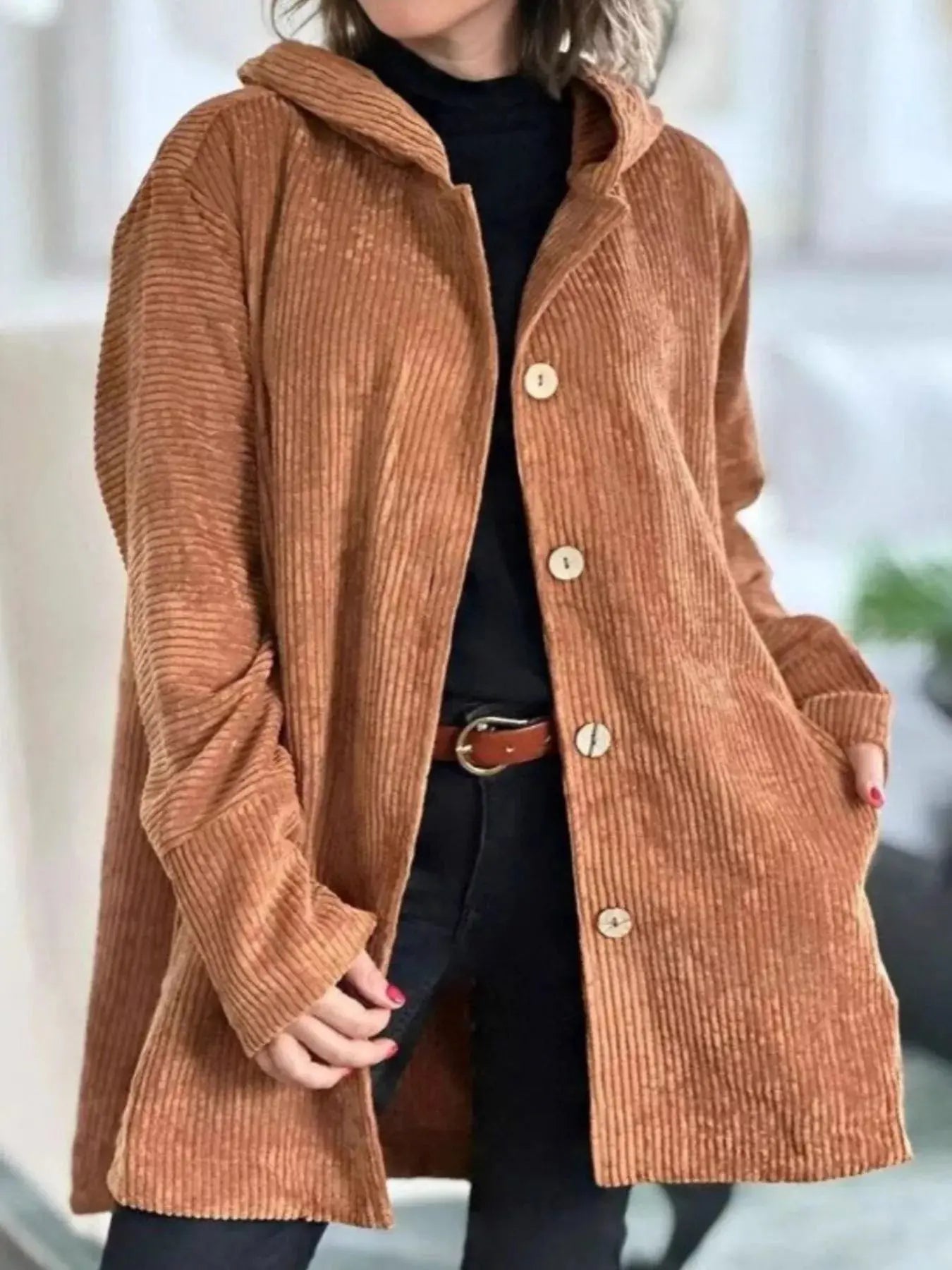 Full Size Corduroy Hooded Button Up Jacket - Be Bliss Boutique