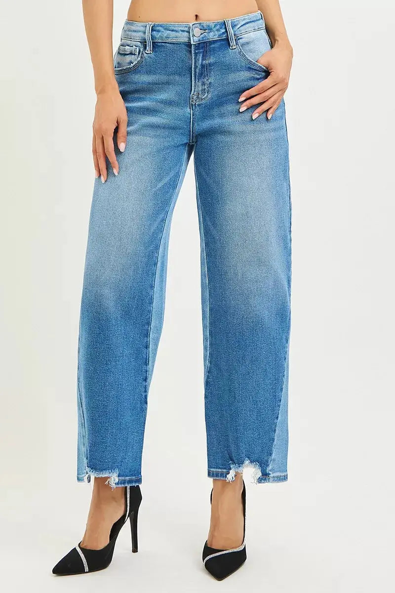 RISEN Jeans - Full Size Slouchy Cropped Barrel Jeans with Contrast Wash - Be Bliss Boutique