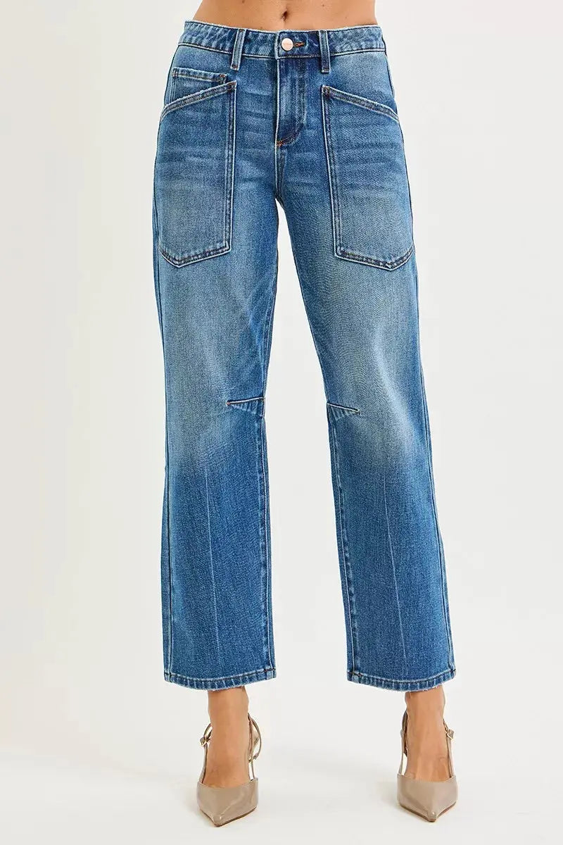 RISEN Jeans - 4 Way Stretch Mid Rise Barrel Jeans with Patch Pocket Detail - Be Bliss Boutique