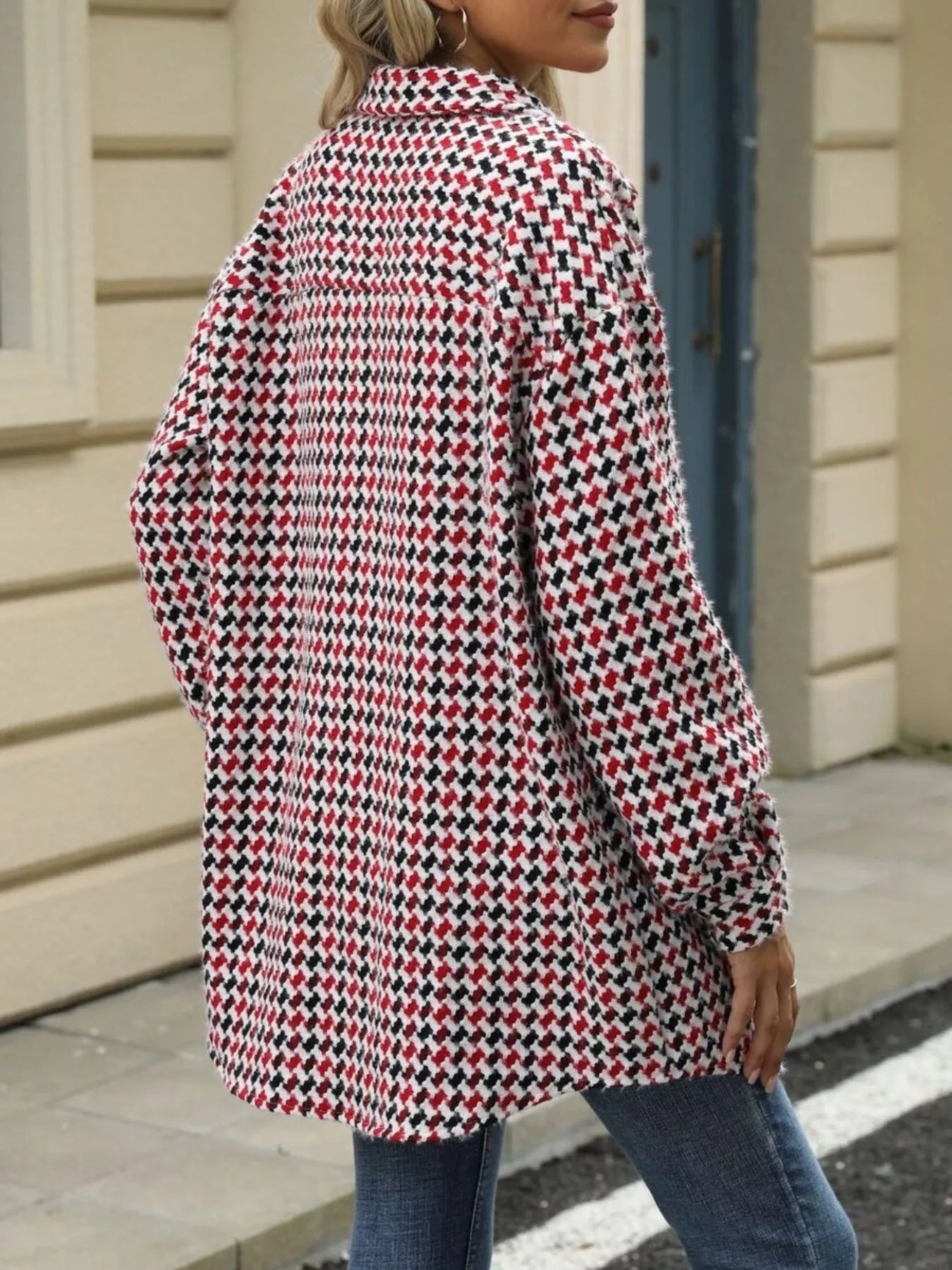 Houndstooth Button Up Long Sleeve Coat - Be Bliss Boutique