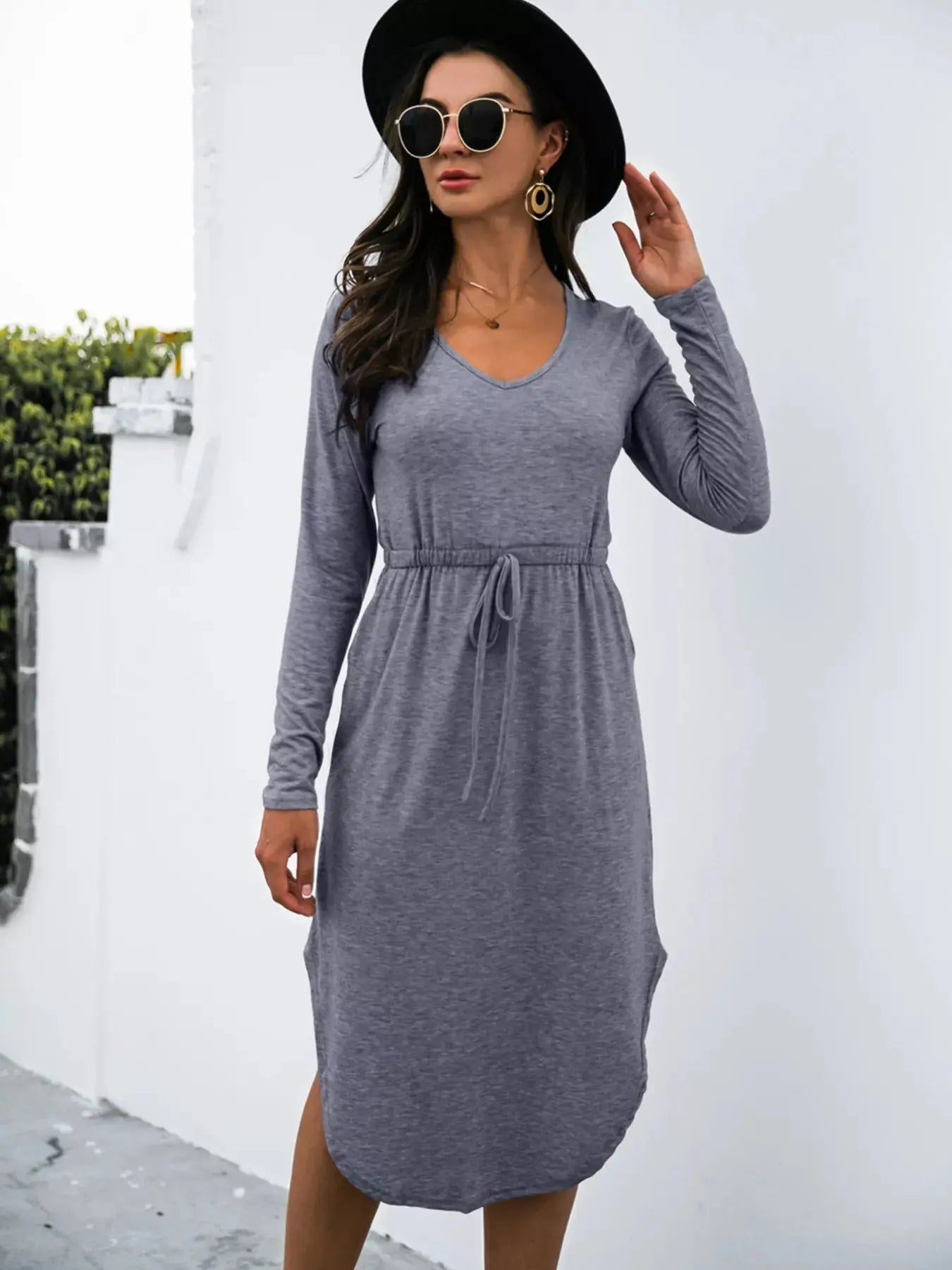 Drawstring Waist Long Sleeve Casual Dress - Be Bliss Boutique