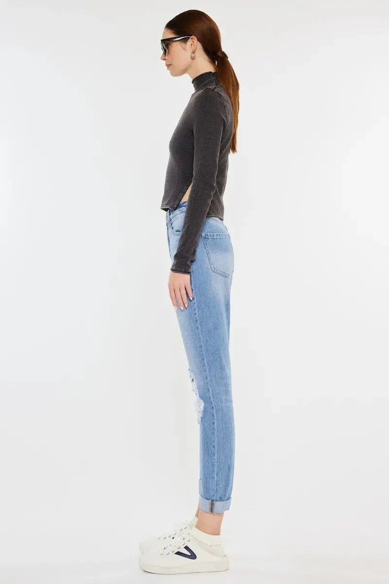 Kancan High Rise Distressed Mom Jeans - Be Bliss Boutique