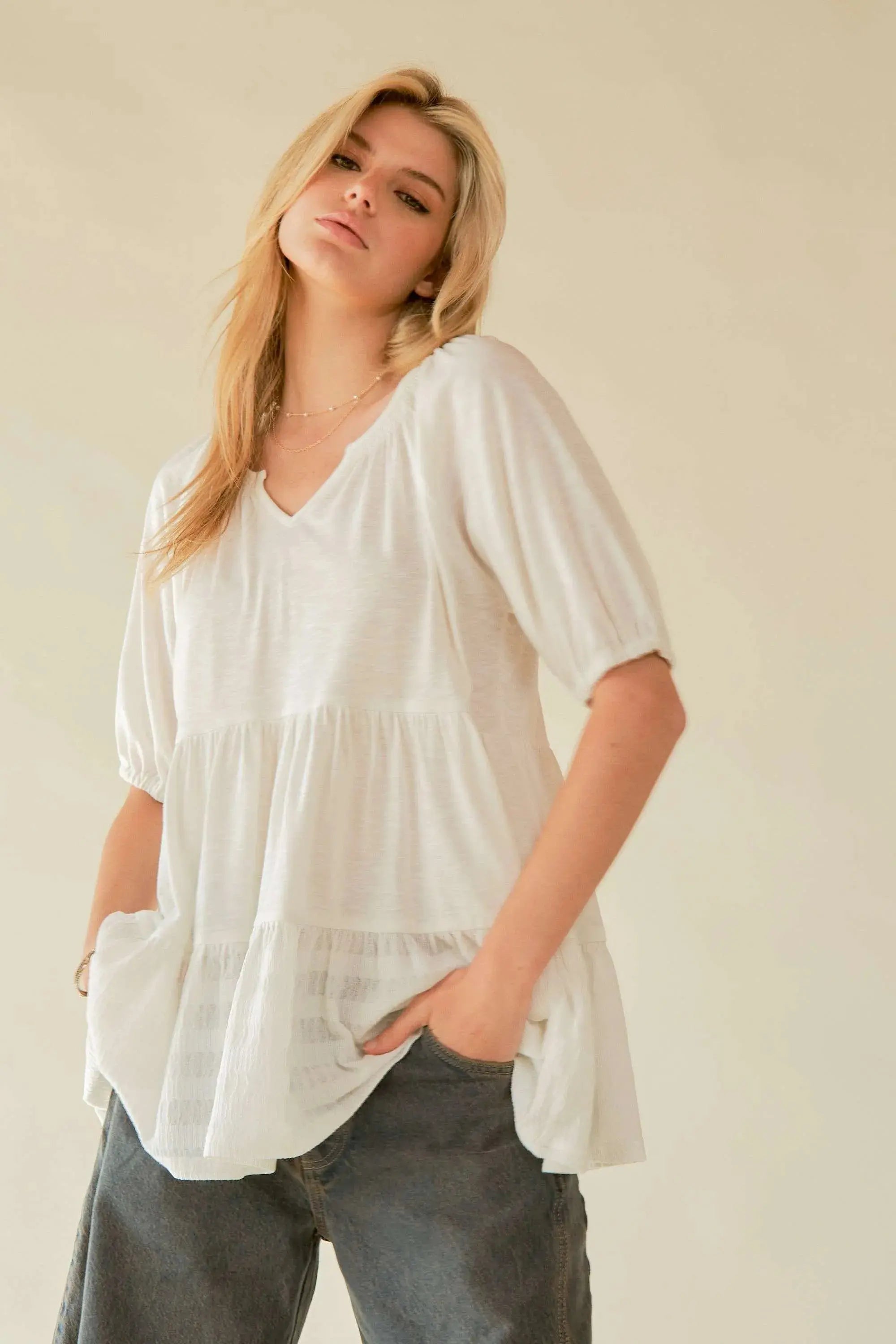 Davi & Dani Ruffled Flared Short Sleeve V Neck Blouse - Be Bliss Boutique