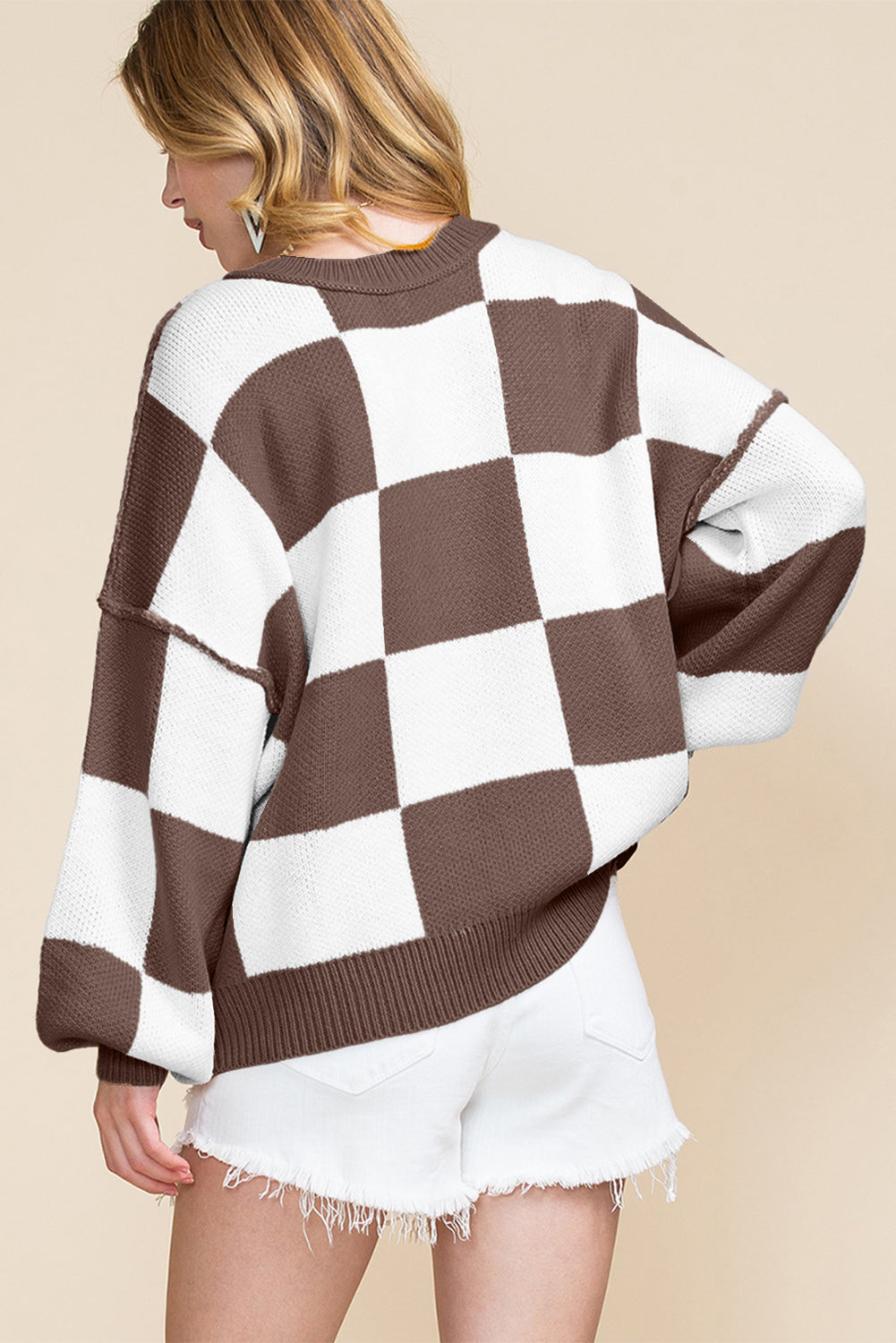 Checkered Bishop Sleeve Sweater - Be Bliss Boutique
